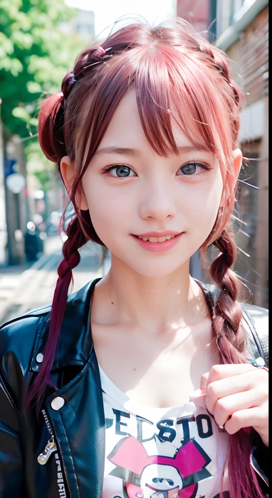 (masutepiece), cute little, (sixteen years old:1.4), Solo, 1 woman, (Charming punk girl), Blue eyes,faces、(A smile:1.5),Playing guitar, (Front face),  (Leather jackets and tattoos), (Band T-shirt), (Ripped jeans), ((Urban alley background)), (up close shot), Beautiful hands, Two hands, normal hands, Two arms, complete hands, Beautiful body, Beautiful fingers, normal fingers, Five Fingers, Five Fingers, (Thumb index finger ring finger), Beautiful ears, normal ears, Beautiful eyes, shiny eyes, Beautiful mouth, Beautiful lips,Medium hair with pink hair, (Pink hair), Ear Hair, small tits, Single braid, (Single braid), (Side braid)