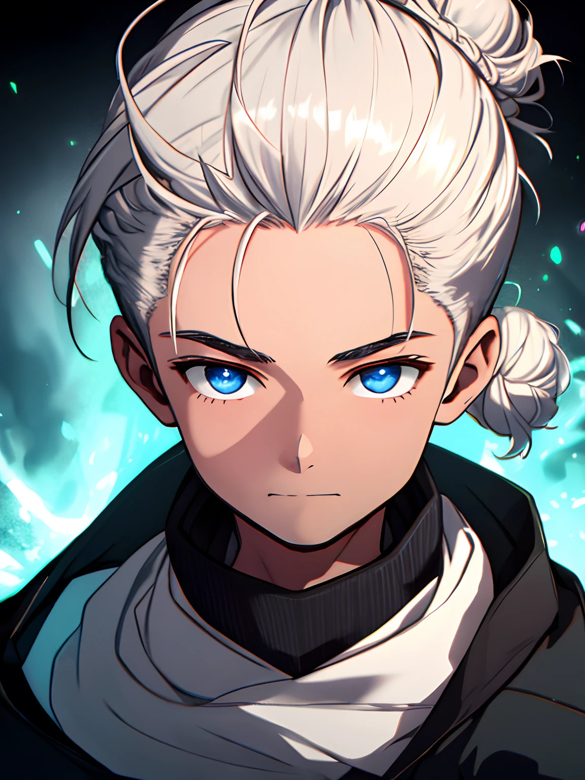 A boy with long white hair tied in bun determines, the boy looking at the camera, close-up, glow effect, hyperdetailed