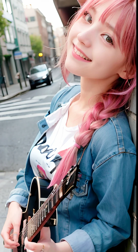 (masutepiece), cute little, (sixteen years old:1.4), Solo, 1 woman, (Charming punk girl), Blue eyes,faces、(A smile:1.5),Playing guitar, (Front face),  (Leather jackets and tattoos), (Band T-shirt), (Ripped jeans), ((Urban alley background)), (up close shot), Beautiful hands, Two hands, normal hands, Two arms, complete hands, Beautiful body, Beautiful fingers, normal fingers, Five Fingers, Five Fingers, (Thumb index finger ring finger), Beautiful ears, normal ears, Beautiful eyes, shiny eyes, Beautiful mouth, Beautiful lips,Medium hair with pink hair, (Pink hair), Ear Hair, small tits, Single braid, (Single braid), (Side braid)