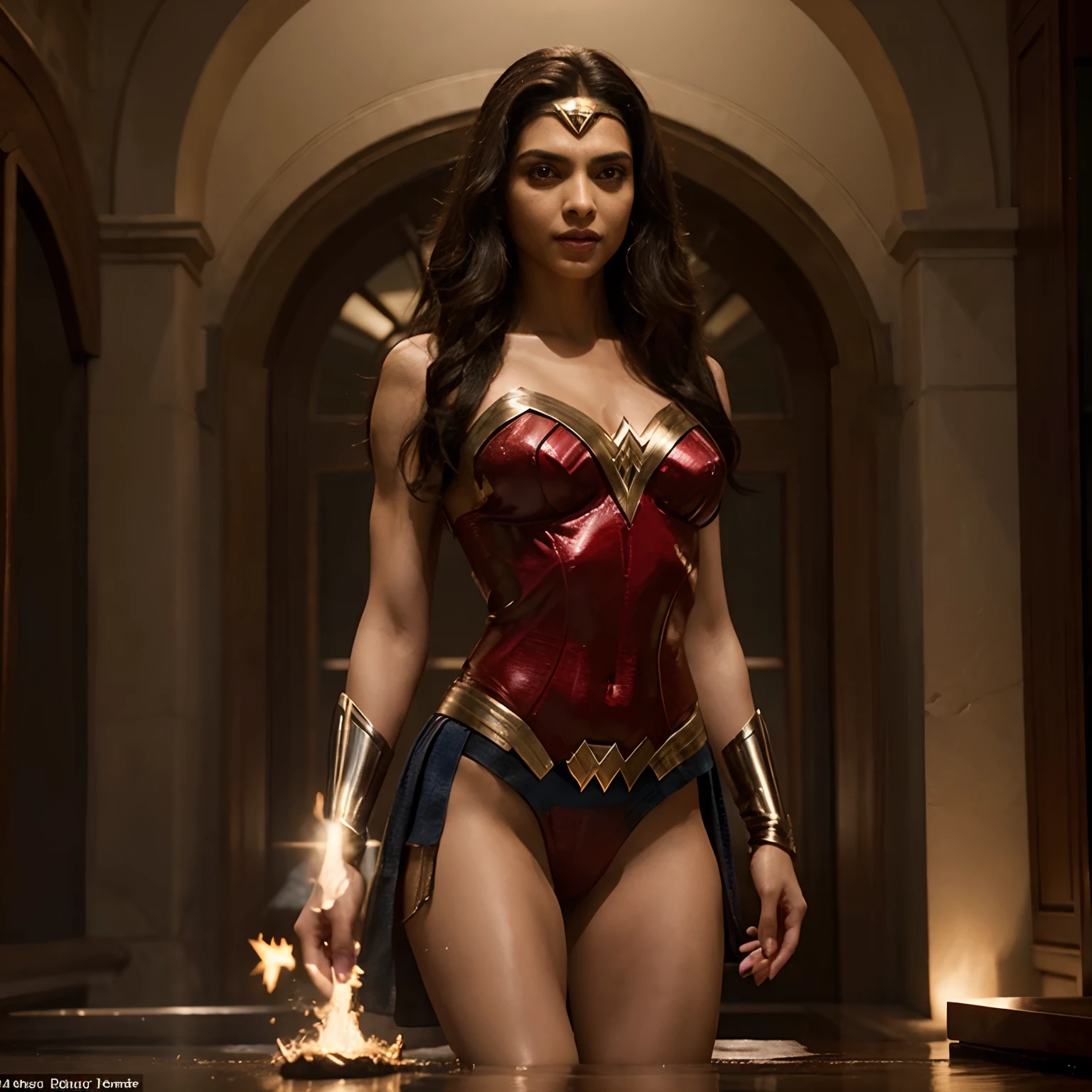 Certainly, envision Deepika Padukone portraying Wonder Woman with these characteristics:
Imagine Deepika Padukone transformed into Wonder Woman, embodying the iconic character with her own unique charm. She stands tall and mature, radiating strength and confidence. Her dusky skin is a symbol of her individuality and adds to her allure. Her skin glistens with a touch of oil, giving her a powerful and otherworldly glow.
Deepika's face remains beautiful and elegant, with refined features that add to her captivating presence. Her long, black hair flows like a river of darkness, a testament to her strength and grace. With a slim waist and a shapely figure, she exudes a sense of poise and strength, accentuated by her well-defined and powerful physique. Her portrayal as Wonder Woman reflects both her natural beauty and her ability to carry the iconic character with charisma and grace.