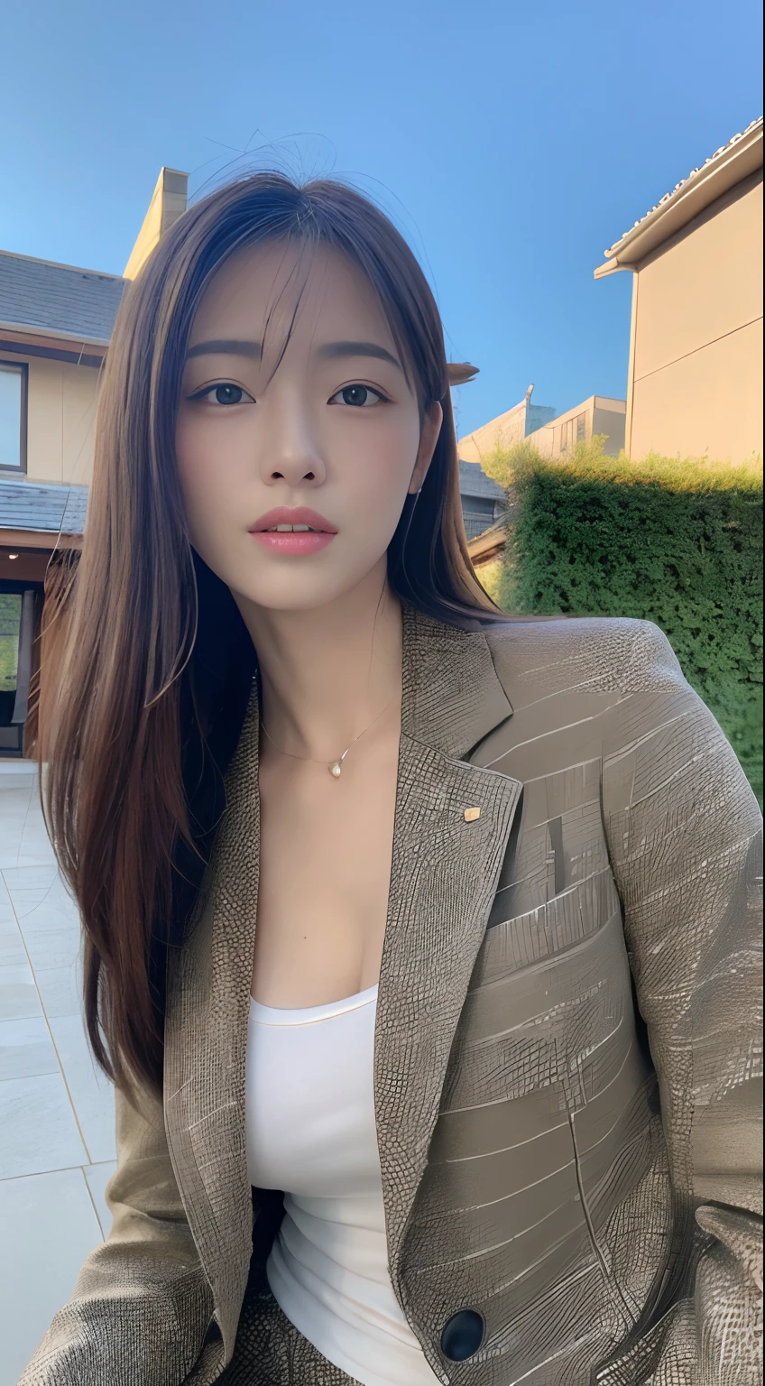 ((Realistic lighting、top-quality、8K、​masterpiece:1.3))、Clear focus:1.2、1girl in、flawless beauty:1.4、Colossal tits:1.2、Slim abs:1.1、((dark brown  hair))、Suits、(outside of house、natta:1.1)、Street、Super fine face、finely eye、二重まぶた、