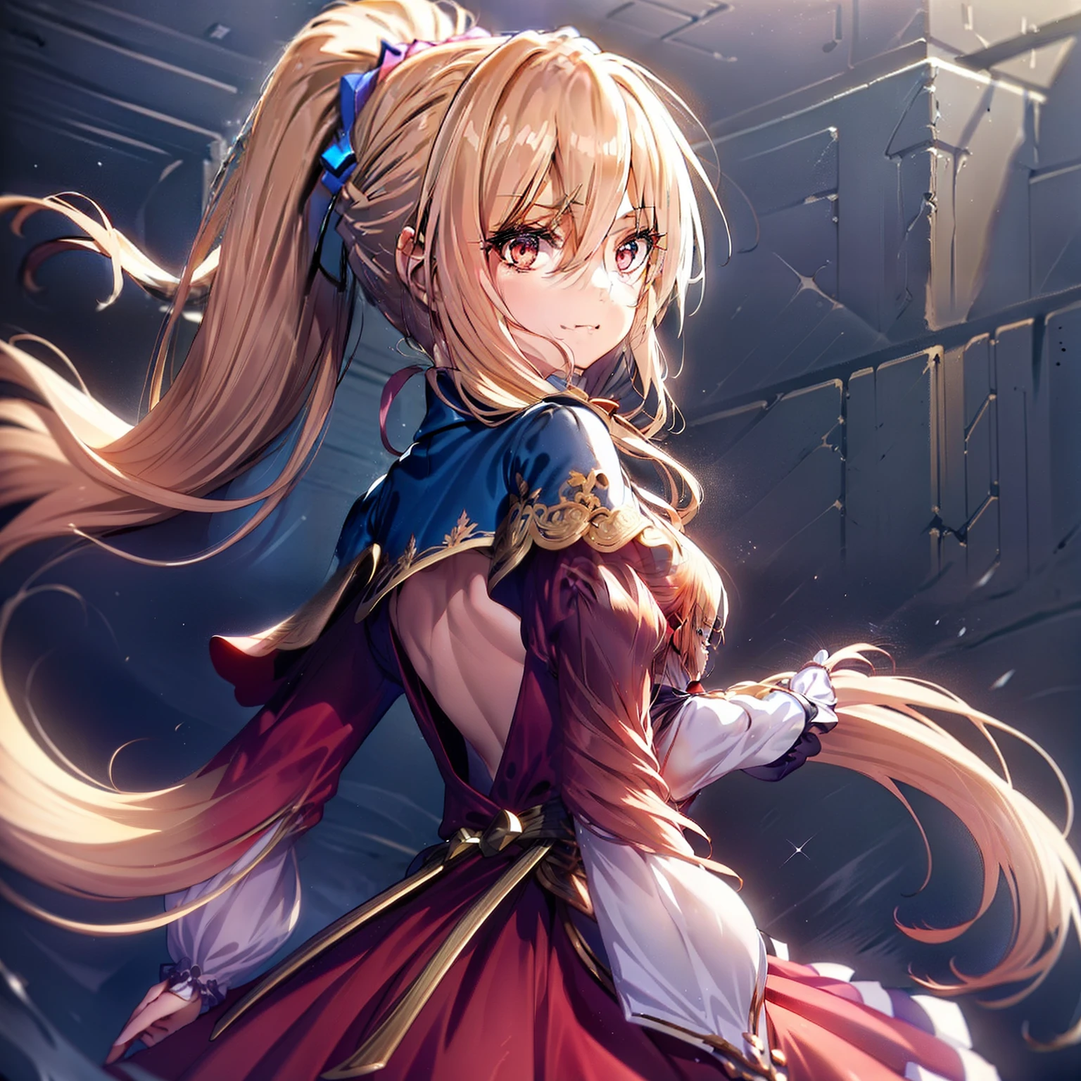 (masutepiece, Best Quality:1.2), Extremely detailed, detailed hairs, Soft skin,

1girl in, Solo, Standing, Upper body, from behind,

Blonde hair, Long hair, High Ponytail, Long ponytail,

Red Eyes, long eyelashes, thick eyelashes, Looking at Viewer,

Red dress, backless dress, ornate dress, Puffy skirt, Long skirt, Puffy sleeves, juliet sleeves, Long sleeves,

,

Black background,