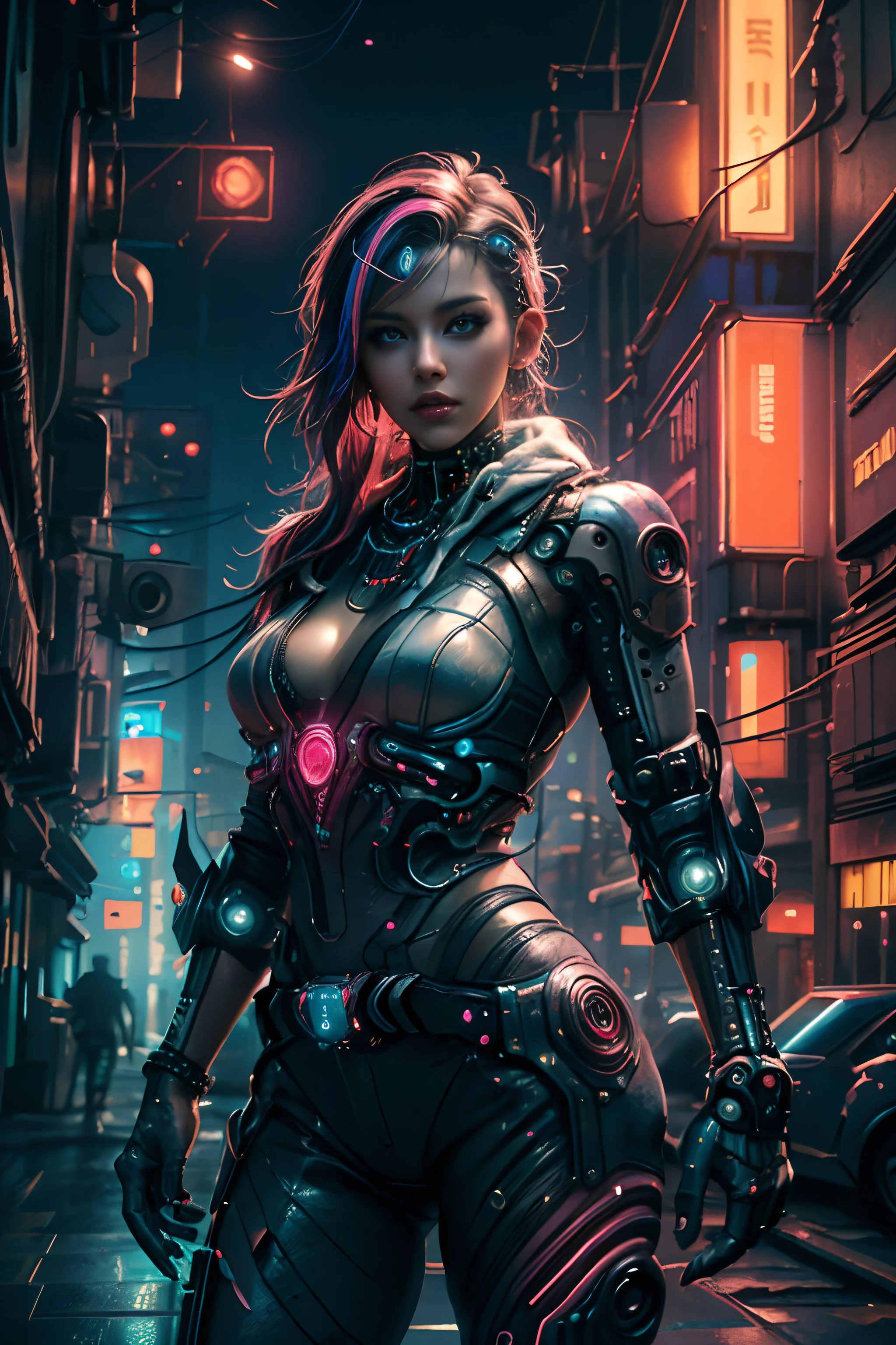 Virtual image,Realistic 8K,hips up,best quality,Masterpiece,Maximum details,complete composition,Excellent anatomy,Displaying a beautiful and elegant posture,Natural light that is comfortable on the eyes,A bright aura hits the face.,Young woman with long, flowing white hair,alone,Staring at me.,smile at the corner of the mouth,glowing cyberpunk,bright neon light,A headset that glows brightly,Machinery with bright neon lights glowing,(Very bright)((red and white cyberpunk,gold,Metallic,))pink glowing mecha,purple,science fiction,future world,Exaggerated,Realistic 8K,Late morning in a city