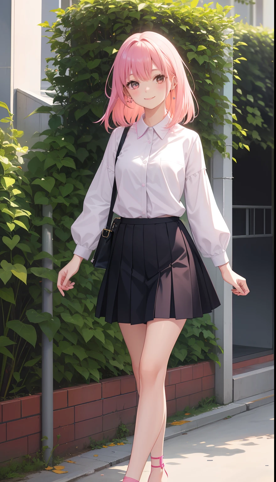 1girl in、AS-Adult、A smile、The shirt、skirt by the, pink hair,（small tits）、Walking with a thigh、Upper body portrait、