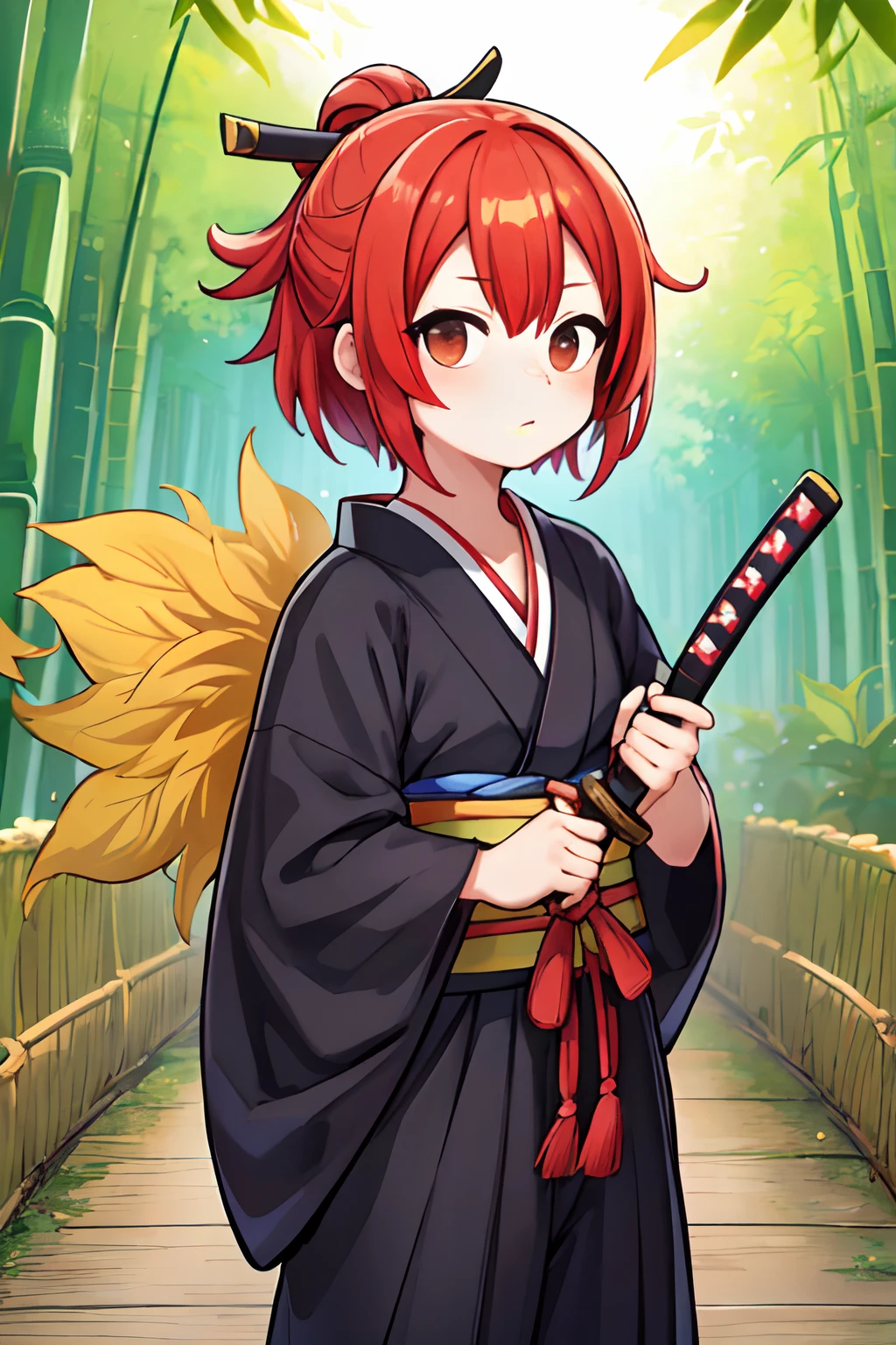 Beautiful。 (masutepiece:1.2)。(Best Quality:1.2)。One man。Samurai standing in a bamboo forest。No armor。Wearing a sober kimono and hakama。He holds two long and short swords at his waist.。