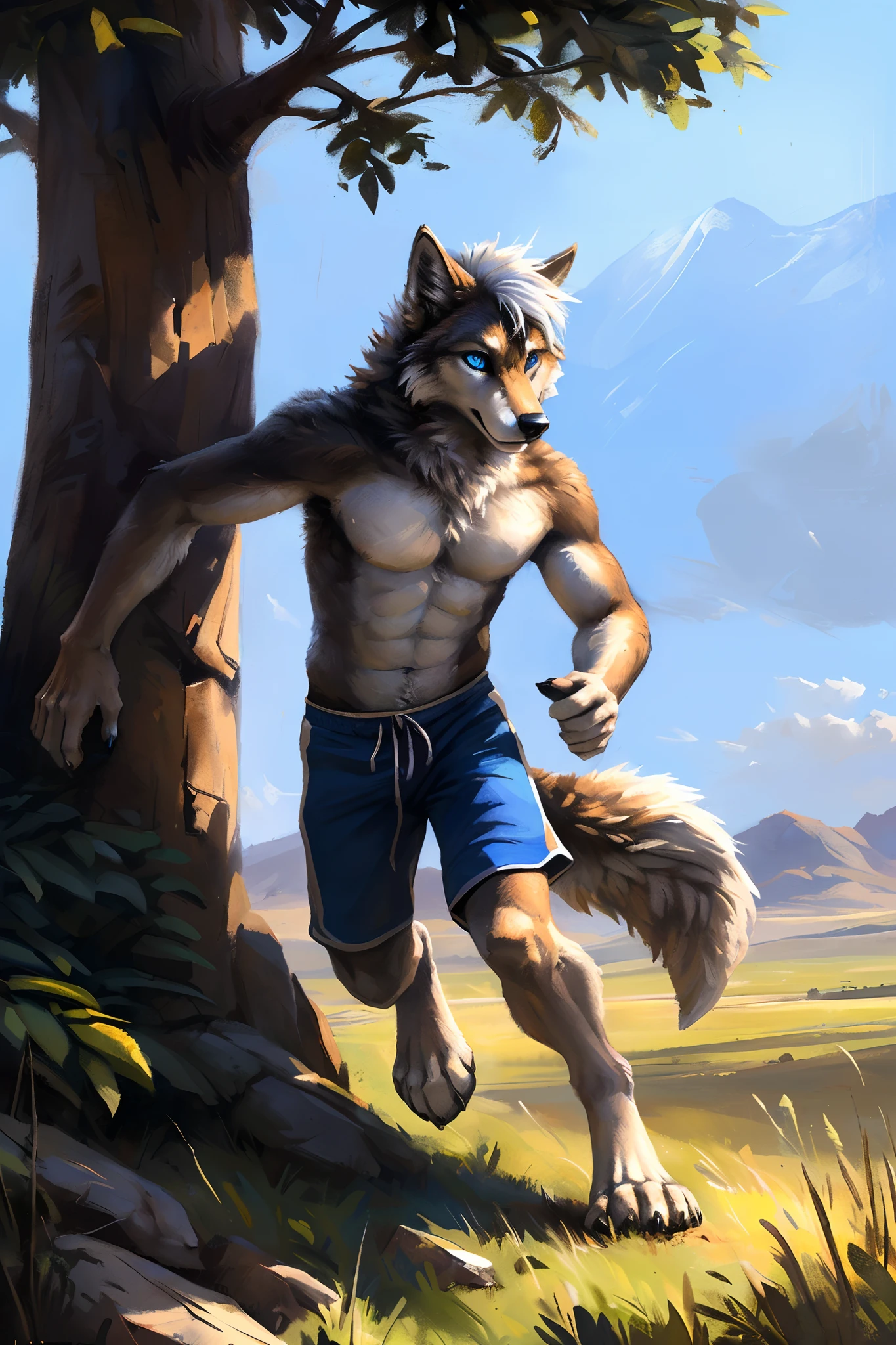 ((Solo)), male people, anthro wolf, (Multi-colored fur, White-brown:1.3，White tail pointed), ((Wolf face, White hair, Big eyes, White eyelids, Blue pupil, Slim:1.2) (Tough, Calm expression:1.2)), Abs, Slim, pinging)), (Correct anatomy), (Work shorts:1.1), The upper body is naked, (detailed outfits),A long big tail，Feet，(Realistic fur, Detailed fur texture, labeled:1.3)), (Natural lighting), Photorealistic, Hyperrealistic, ultradetailed, by Kenket，Endless grasslands，There are no trees，There are no big stones，No artificiality，erect through，Running on