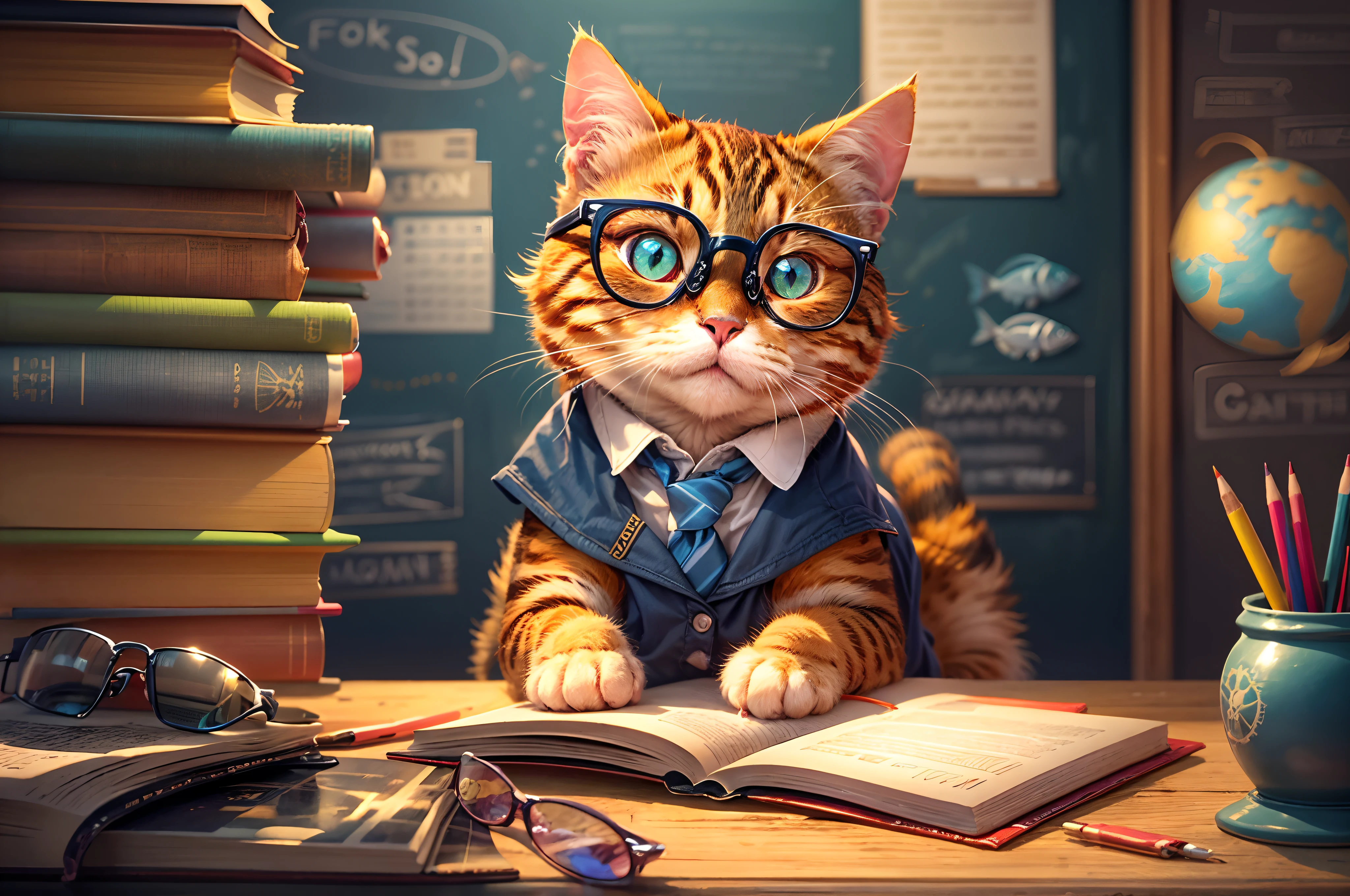 best quality,ultra-detailed,realistic:1.37,cat with glasses,cat dressed as a teacher,cat teaching,blackboard,fish drawing on the blackboard,cat pointing to the fish,serious look,cat expressions,educational atmosphere,cat accessories,bookshelf in the background,well-lit,classroom setting,vivid colors,wisdom ambiance,school supplies