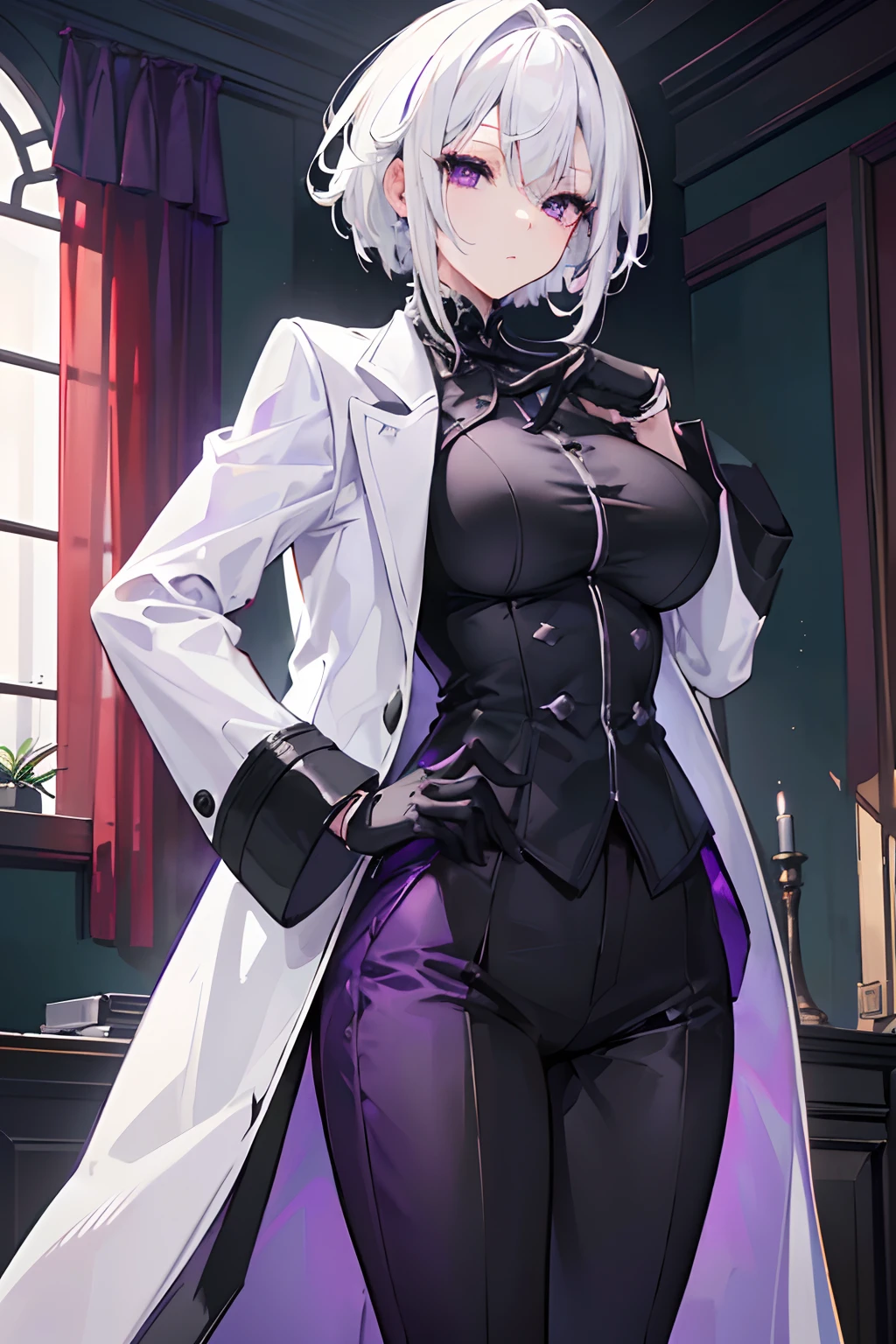 (masterpiece, best quality:1.2), illustration, 8k, hd, 1girl, solo, (((white hair, purple eyes, black coat))), large breasts, black pants, short hair, indoors, arle suit, serious expression, tall, mature, elegant, black gloves