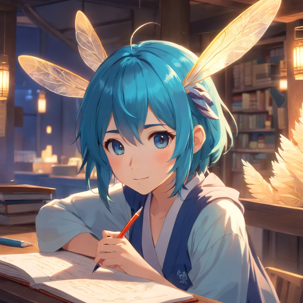 masterpiece, top-quality,Anime Layer Skins, long to, Dragonfly feathers, 1 rapariga, blue hairs, pointed elven ears、holding pen、Studying、Hachimaki、Good luck
