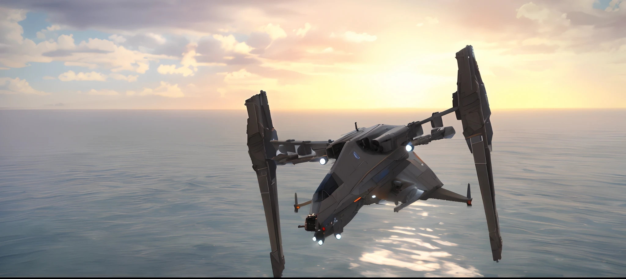 there is a large star wars fighter flying over the ocean, star citizen halo, octane 2. 0 render, octane 4 k render, octane 4k render, star citizen origin 100i, reaver drone, octane engine render 8k hdr, octane 8k render, octane 8 k render, octane highly detailed cinematic, dcs world style, octane render godrays