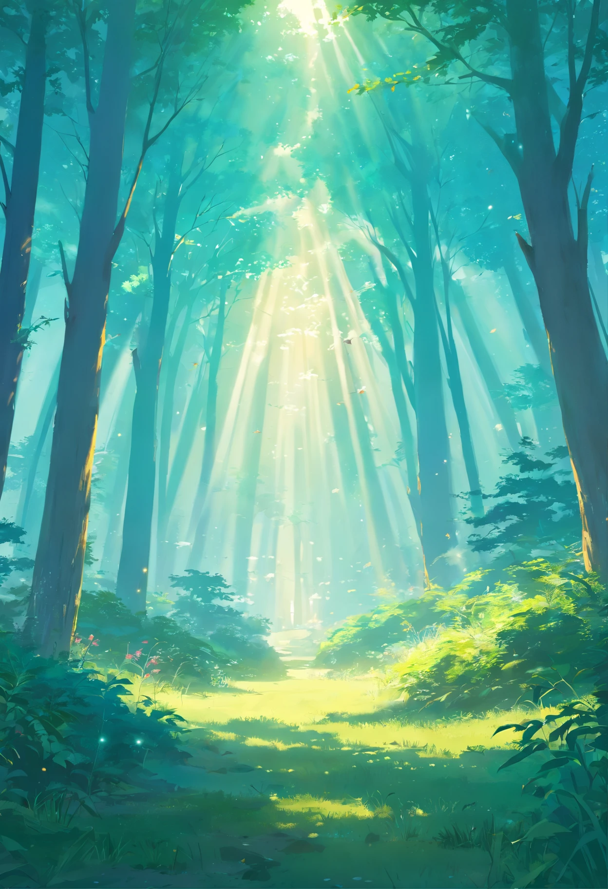 Magical forest with mist, it looks mystical but is still beautiful to look at, morning sunlight penetrates the mist with soft, bird, deers, beautiful forrest, amazing scenery, masterpiece