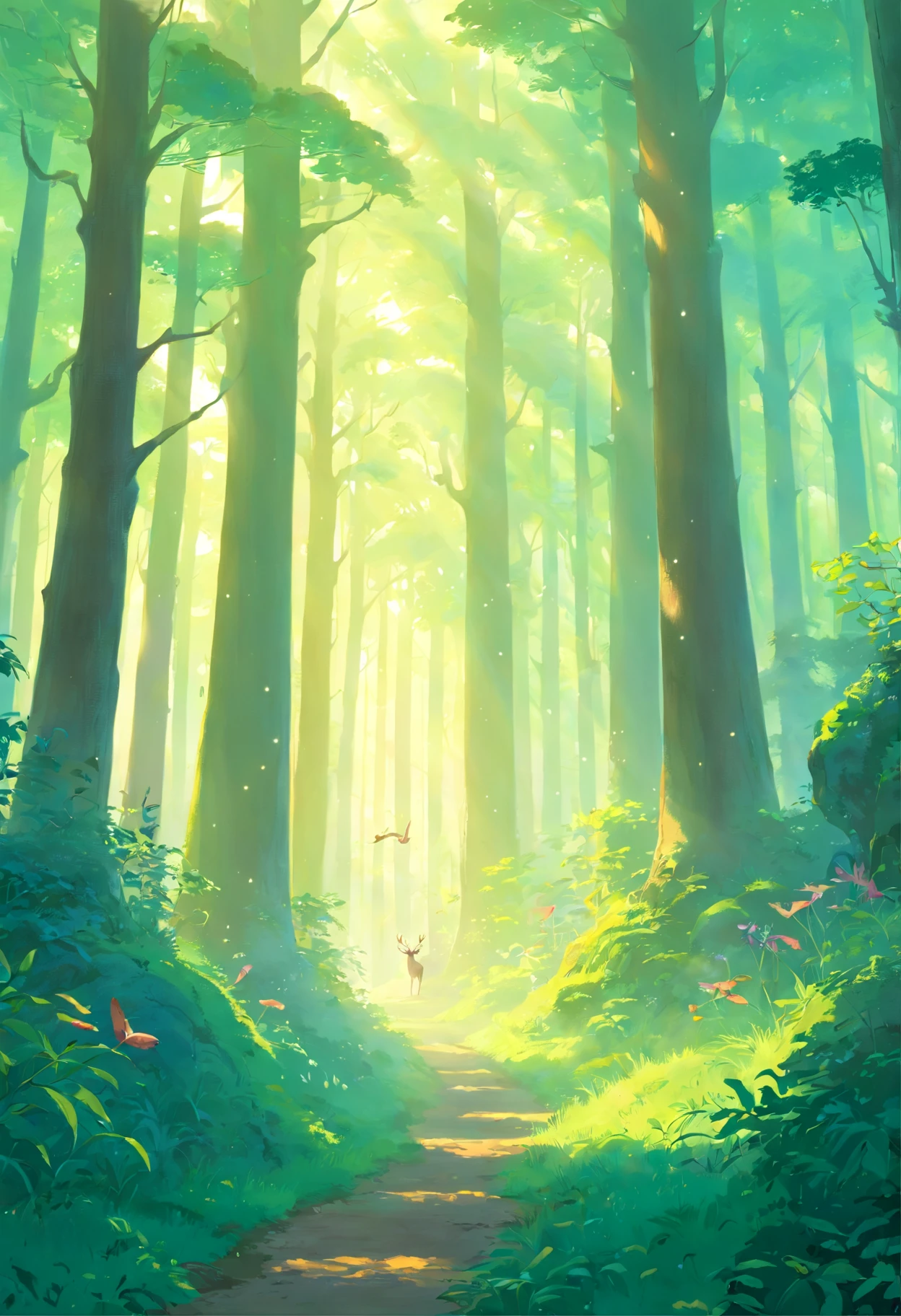 Magical forest with mist, it looks mystical but is still beautiful to look at, morning sunlight penetrates the mist with soft, bird, deers, beautiful forrest, amazing scenery, masterpiece