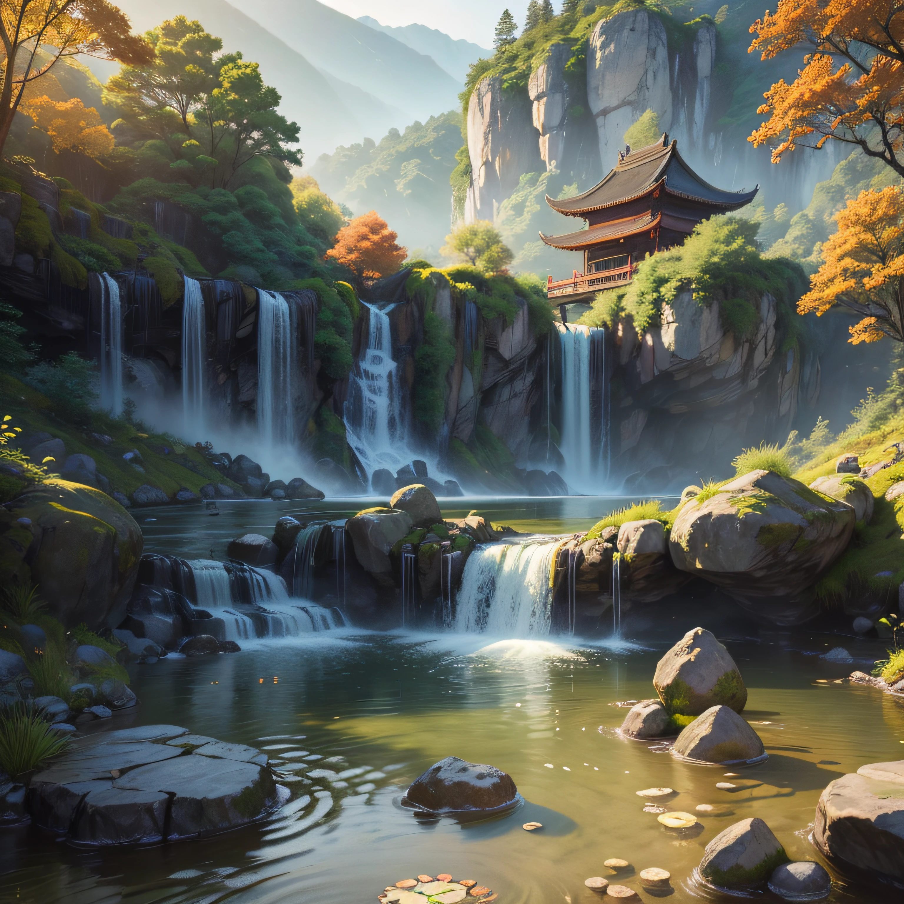 Ancient Chinese architecture, autumn, bamboo, lake, stone bridge, rockery, arch, corner, tree, tap water, landscape, waterfall, meadow, rock, water lily, hot springs, water vapor, (illustration: 1.0), epic composition, realistic lighting, high-definition detail, masterpiece, best quality, (very detailed CG unified 8k wallpaper)