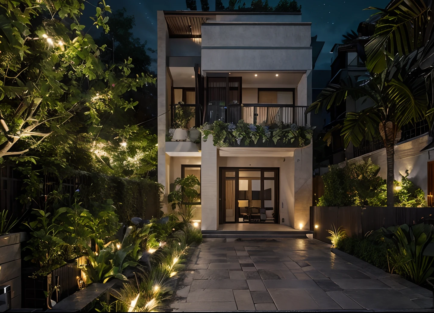 Townhouse with beautiful night garden.