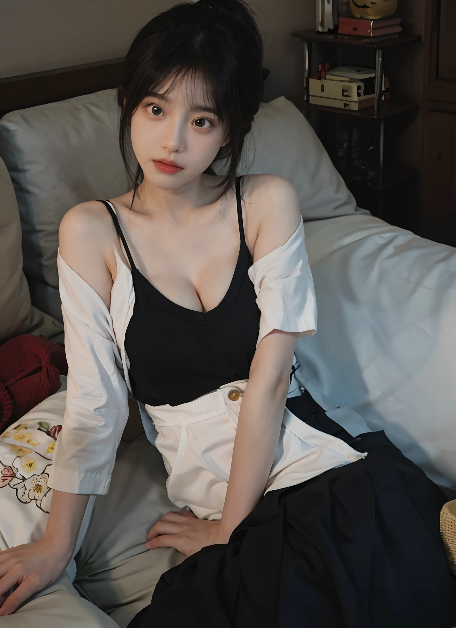 best qualtiy， 超高分辨率， （realisticlying：1.4）， one-girl， A pair of clear and moving peach blossom eyes,Royal Sister，Black long straight，Yellow tight skirt， （big cleavage breasts：1.6）， looking at viewert， closeup cleavage ，