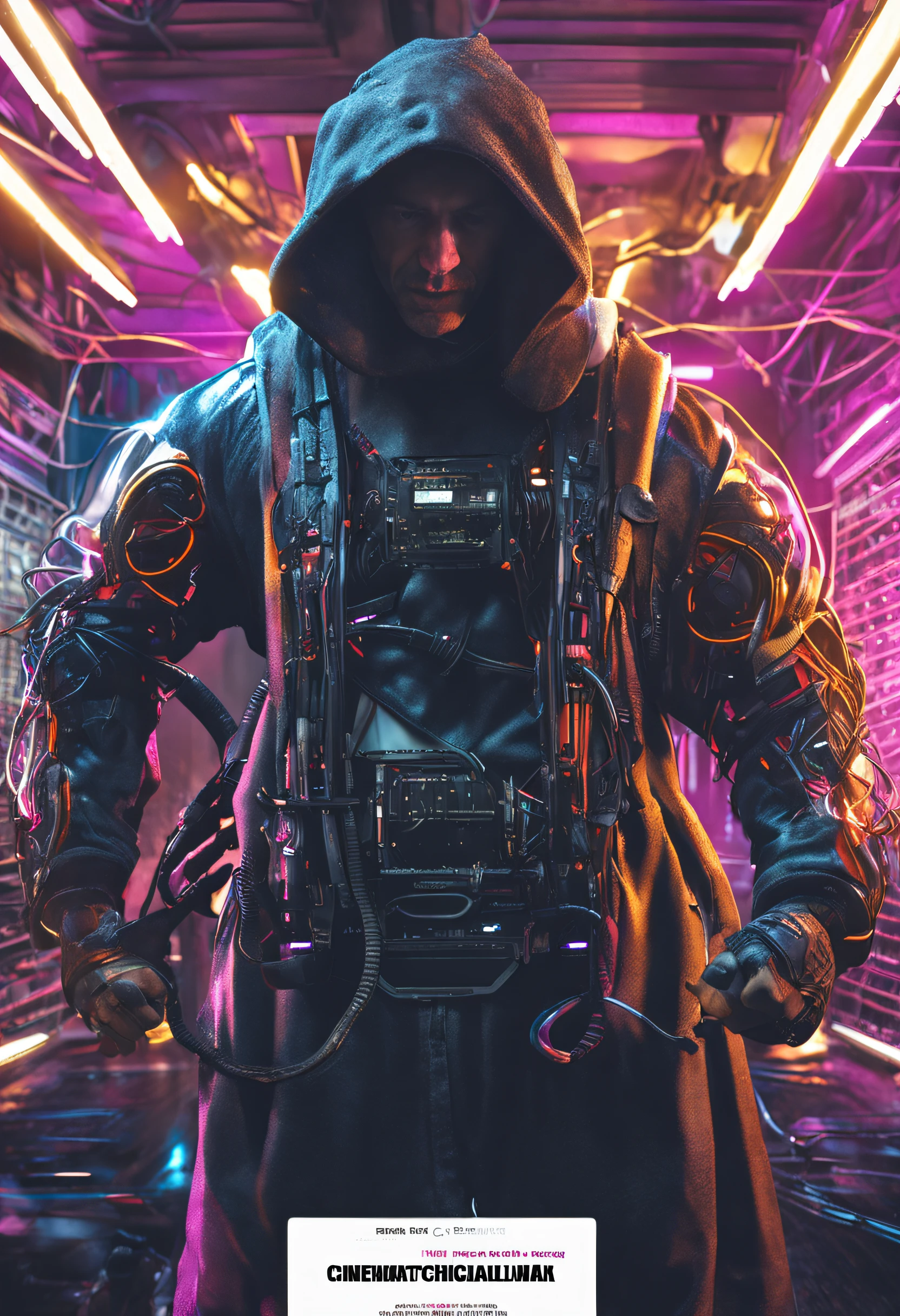 technological man, Cyberpunk , roupa escura , com capuz