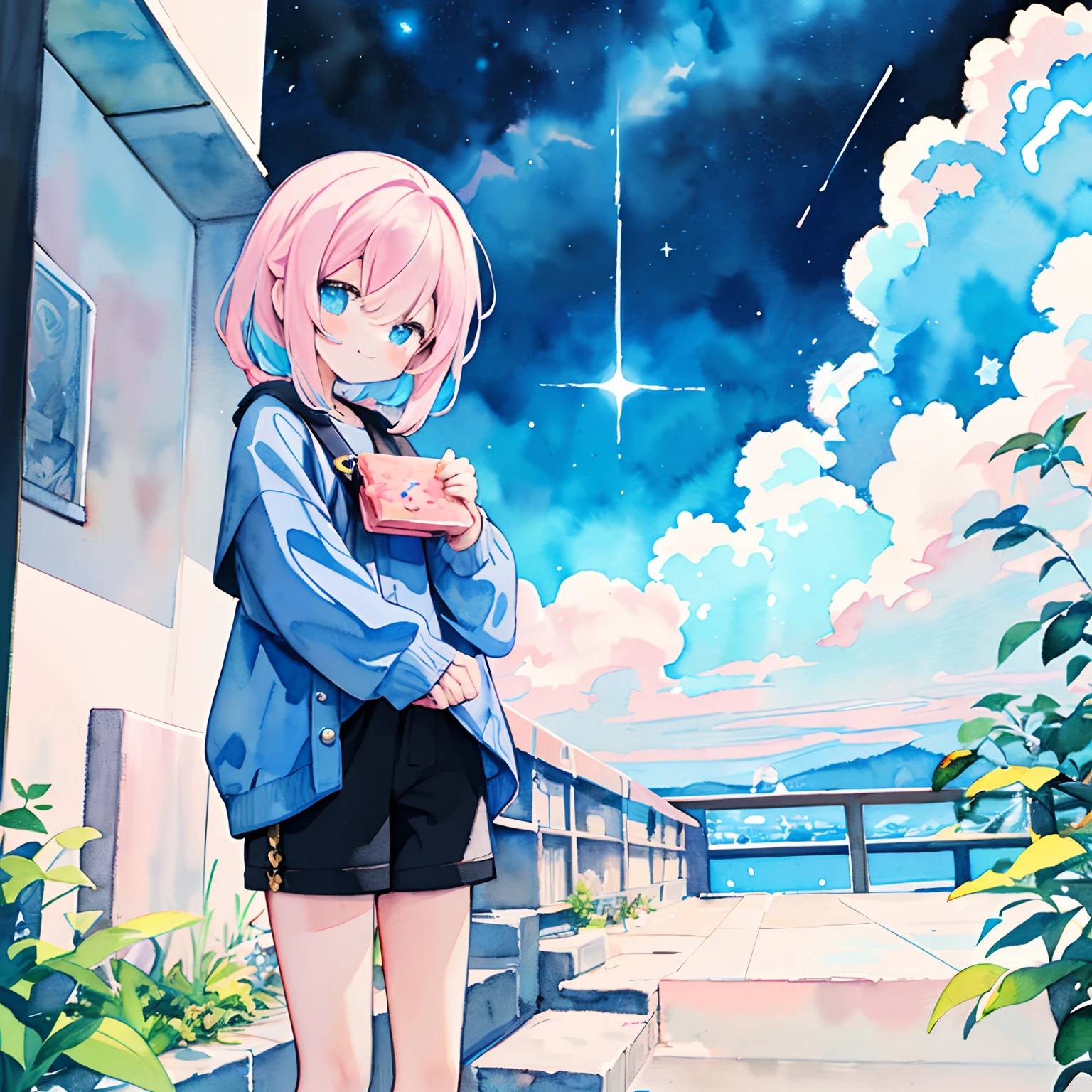 (PastelColors:1.5)、(Cute illustration:1.5)、(watercolor paiting:1.2)、(1 girl:1.0)、hair between eye、nigh sky、Girl with thin legs、Disappear into the night sky、Fantastical、kirakira、Countless stars、Deities、beautiful a girl、A slight smil、star motif、kawaii、Multicolored clouds、Dreams、Terrace above the clouds、BREAK、cafes、Fashionable、Oversized knitwear、Moe Sleeve、Cute smile、Black short pants