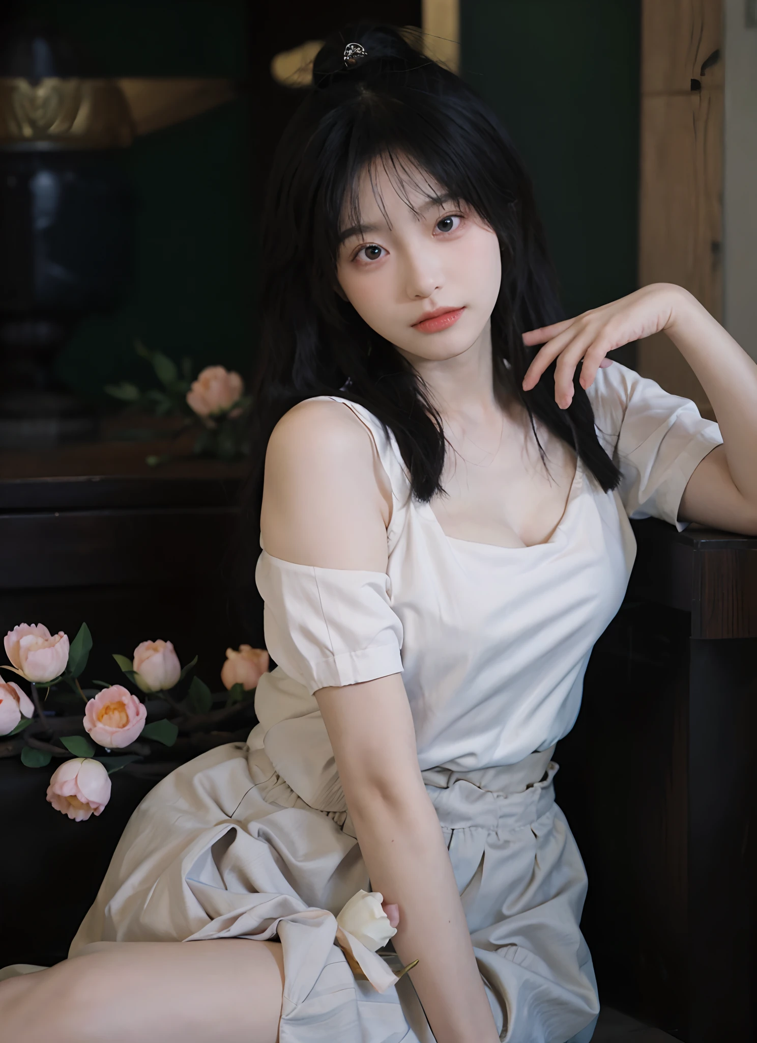 best qualtiy, 超高分辨率, (realisticlying:1.4), one-girl, A pair of clear and moving peach blossom eyes,Royal Sister,Black long straight,Yellow tight skirt, (big cleavage breasts:1.2), looking at viewert, closeup cleavage ,