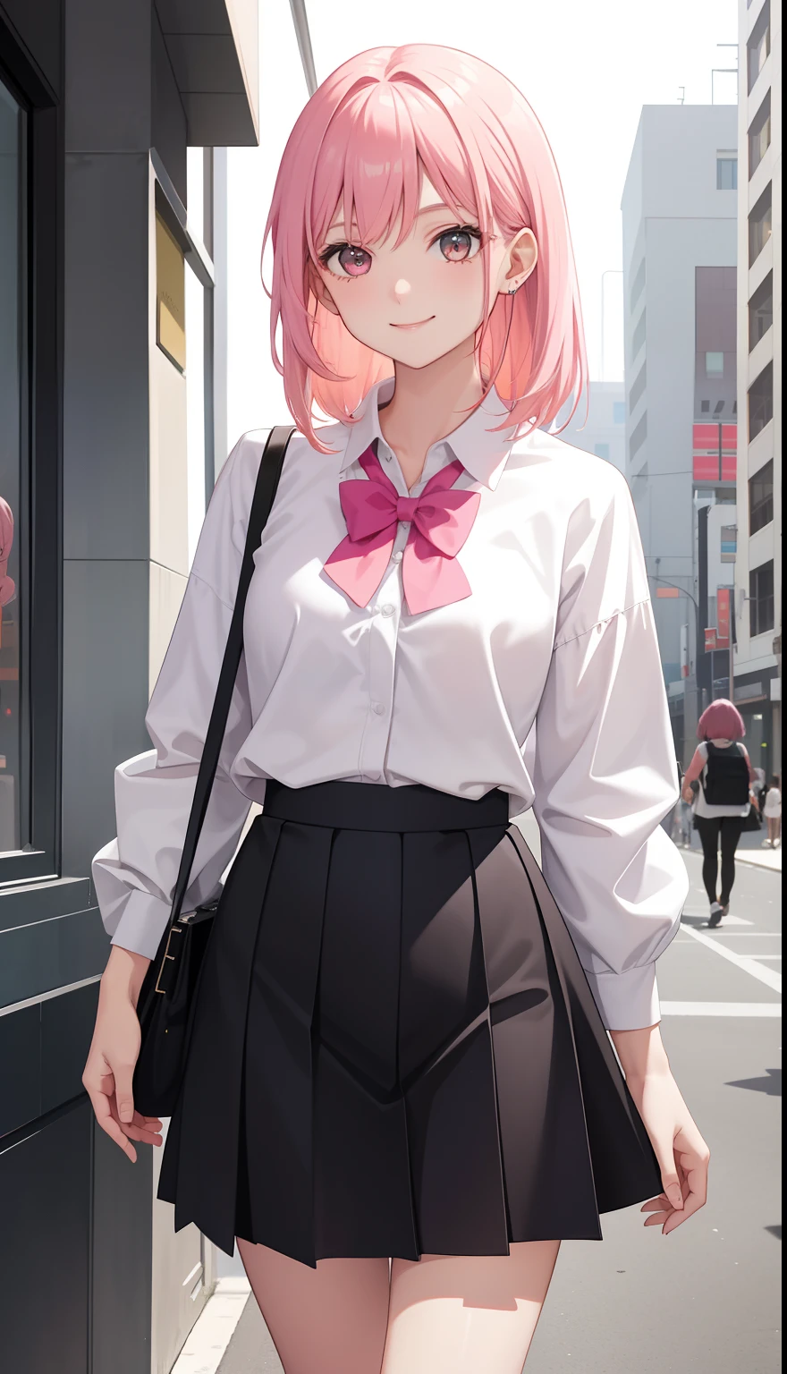 1girl in、AS-Adult、A smile、The shirt、skirt by the, pink hair,(small tits)、Walking with a thigh、Upper body portrait、