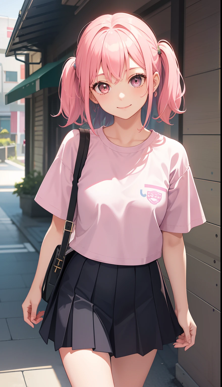 1girl in、AS-Adult、A smile、The shirt、skirt by the, pink hair,(small tits)、Walking with a thigh、Upper body portrait、