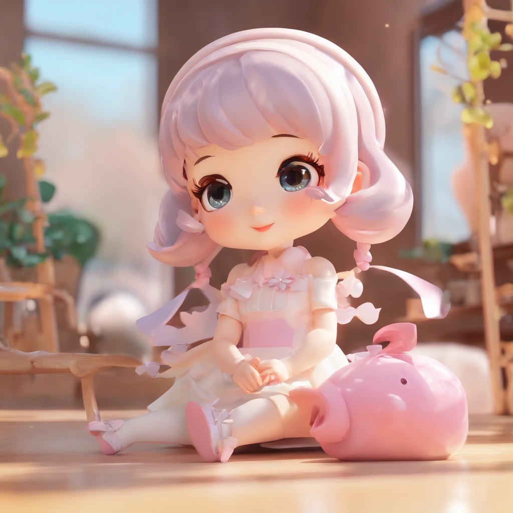 super cute girl IP by pop mart, Bright eyes, cherub,Little white dress, Clay, modeled, a blind box toy, Glossy and delicate,Clean the ground after cleaning, Good gloss, a 3D render,Best quality、anime lover、Vigorous、Enchanted smile、