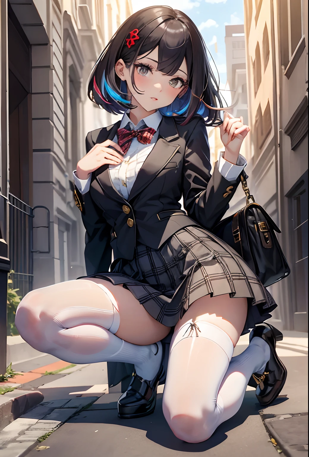 best qualityer,tmasterpiece,Ultimate resolution,downy,Extremely colorful,mature pretty woman,(JK school uniform),neck bowtie,Plaid skirts,(Beauty severed head),Normal posture,Redlip,(Kneeling pose)(Point at you with your ass),shackle,behead,Collar,handcuff,Anklets,(white stockings),Mary Jane shoes,Normal posture