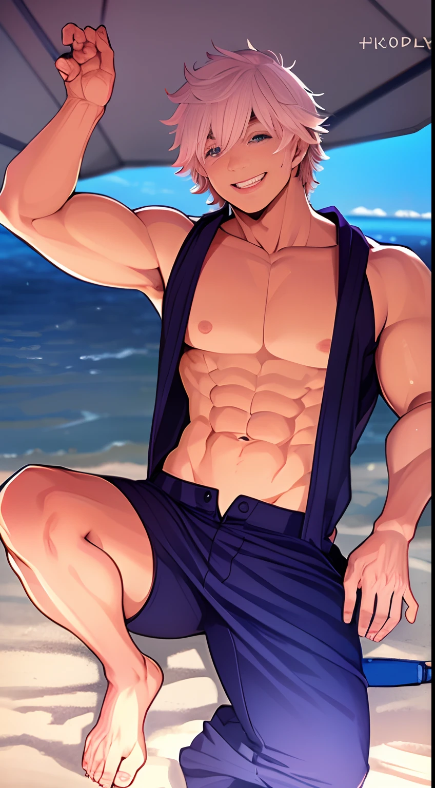 satoru gojo 4k, high-quality, HD, 1 boy, 25years old, muscle, bodybuilder, satoru gojo, smiling, beach,
