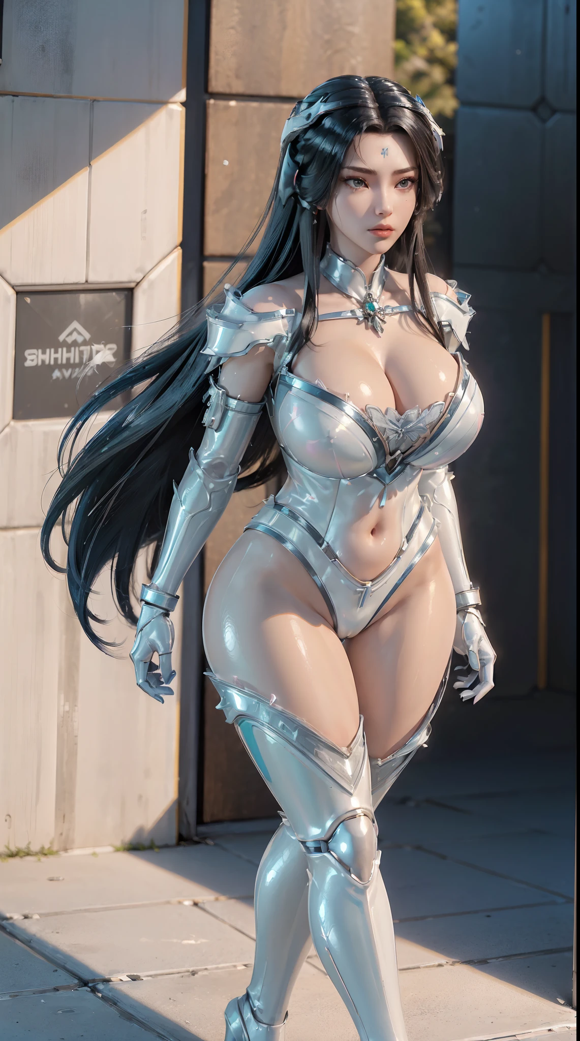 (1GIRL,SOLO:2), (super detailed face), (CRYSTAL ORNAMENT HEAD:1.2), ((BIG BUTTOCKS, HUGE FAKE BREASTS:1.5)), (CLEAVAGE TOP:1.5), (11 LINE ABS FEMALE:1.4), (MECHA GUARD ARM:1.4), ((WEAR WHITE BLUE SHINY OVERWATCH FULL ARMORED GEAR, MECHA GUARD ARMOR LEGS, HIGH HEELS:1.5)), (LEWD VOLUPTUOUS BODY:1.3), (GLOWING SKIN:0.8), (LONG LEGS, FULL BODY:1.1), (PORTRAIT,LOOKING AT VIEWER:1.3), (female focus:0.886), (WALKING DOWN HALLWAY OF FUTURISTIC SPACE STATION:1), (BRIGHT LIGHT WHITEROOM:1.3), SUPER TEXTURE, UNREAL ENGINE RENDER, PHYSICALLY-BASED RENDERING, ULTRA HIGHT DEFINITION, 16K, 1080P.