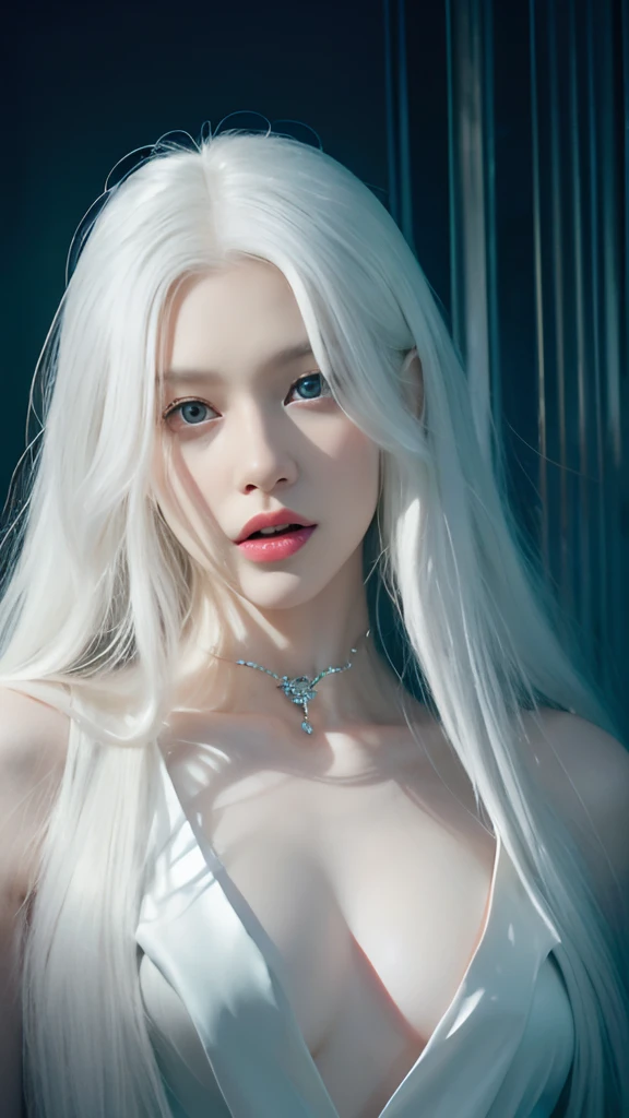 masterpiece, highest quality, (solo focus), (perfect face:1.1), (high detail:1.1),dramatic, (an alluring albino angel guy with long flowing pure white hair and piercing white eyes),1guy, (pale skin), long hair, white eyes,  solo, long hair, moon, night, white luxury suit, covered navel, pouty lips, covered, futuristic city, detailed background, art by artgerm cinematic lighting, roses and vines, fashion, BalenciagaStyle