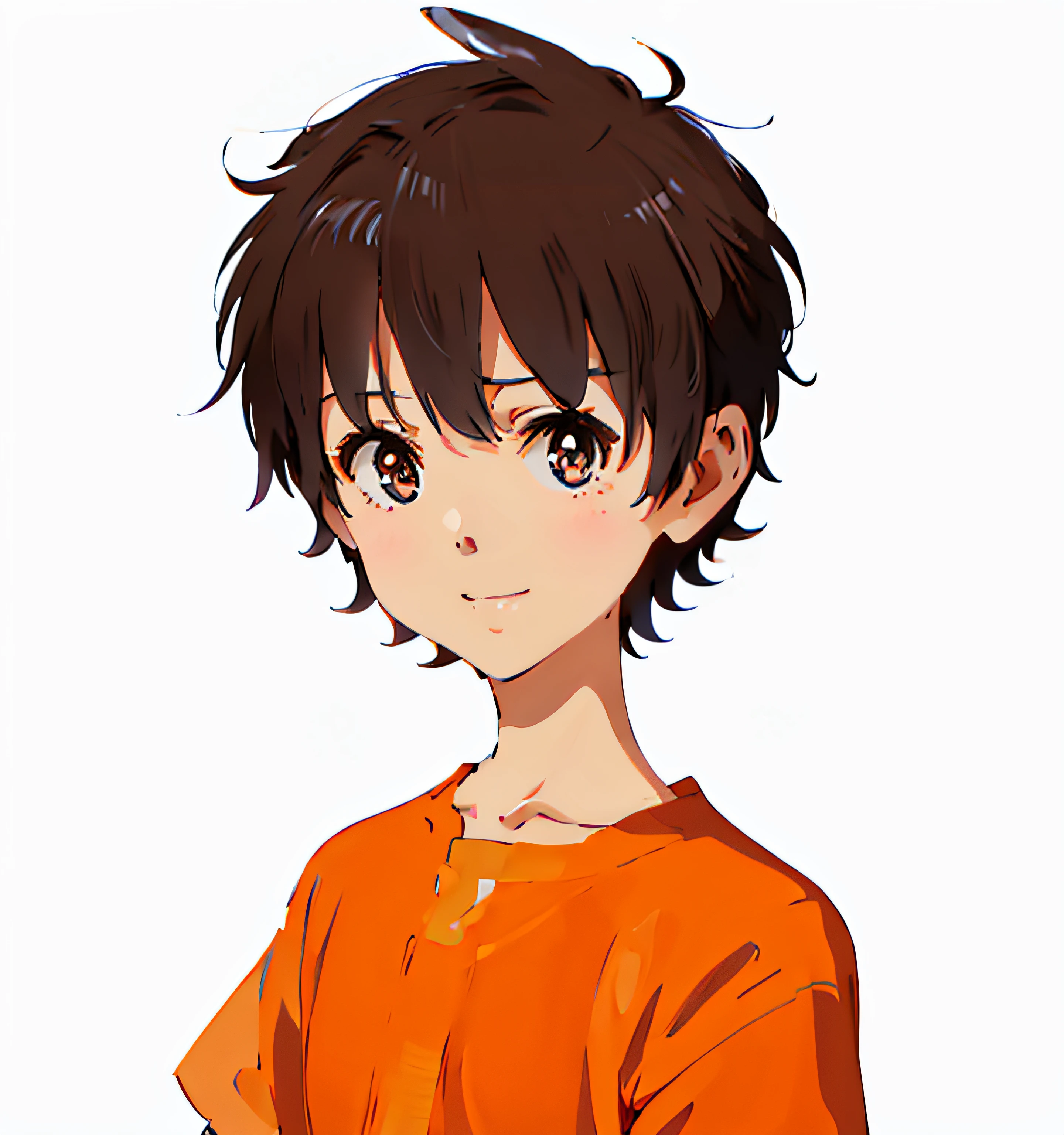Anime boy with brown hair and orange shirt smiling, anime moe art style, makoto kano, young anime man, Anime boy, honest, portrait of eren yeager, short brown hair and large eyes, New Xiangcheng, Eren Yeager, male anime character, orange - haired anime boy, anime style character, anime figure, ( Evangelion )