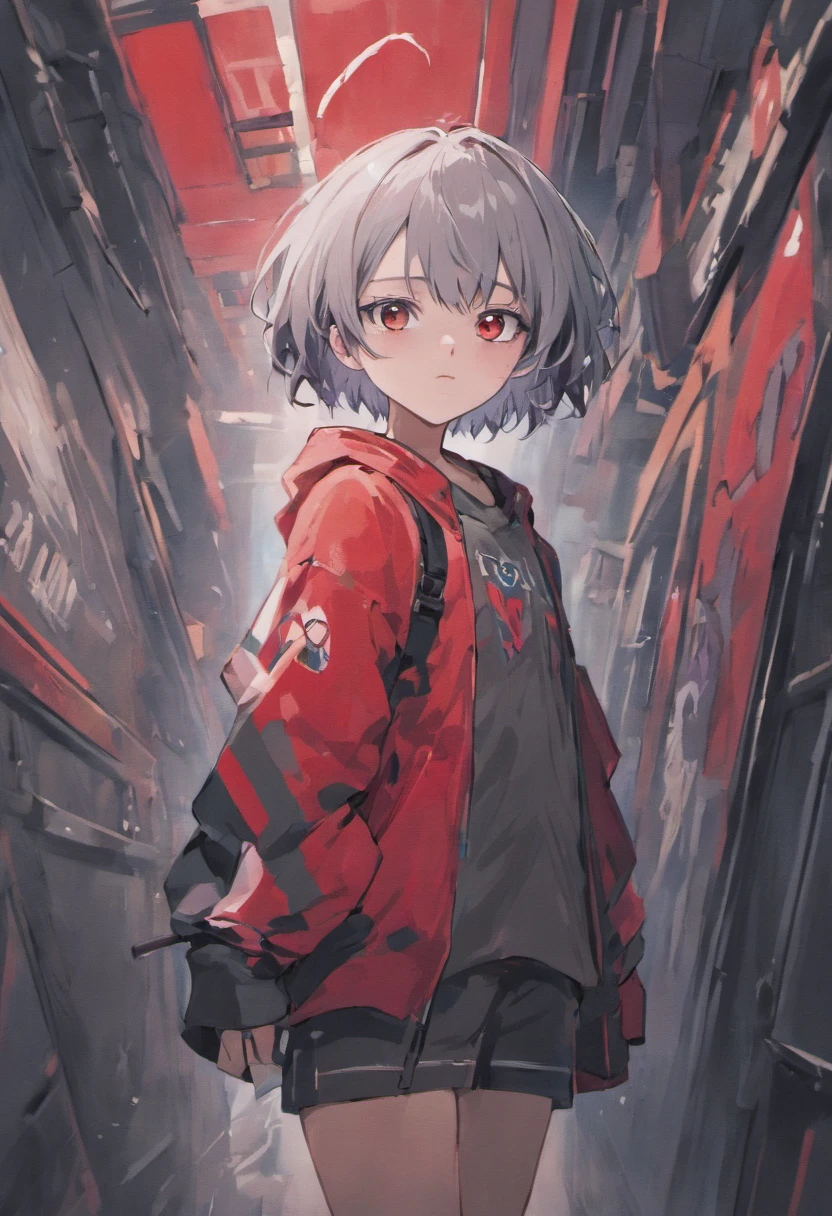 Two-dimensional characters。Boyish girl with short cut gray hair。White skin with red eyes。A little grotesque