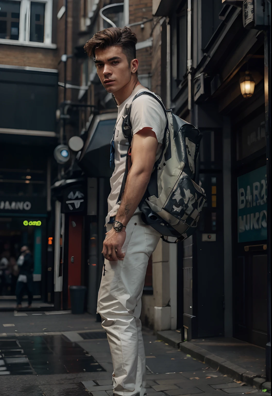 changing background the background London Bridge Cyberpunk handsome boy. Realistic face.8k.ultra.realistic