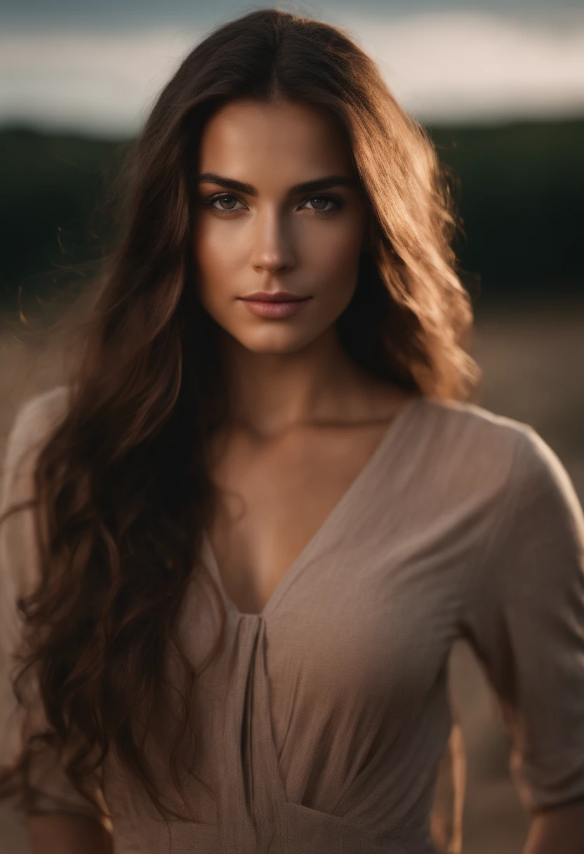 arafed woman with long brown hair, natural makeup, looking directly at camera, subtle makeup, full body, beautiful angle, confident pose, medium breast, toned arms, brunette goddess, slim, petite build, Realism, Photorealistic, High contrast, realistic skin texture, 4 Kodak Portra 400 Camera F1.6 Lens Rich Color Ultra Real Texture, Dramatic Lighting