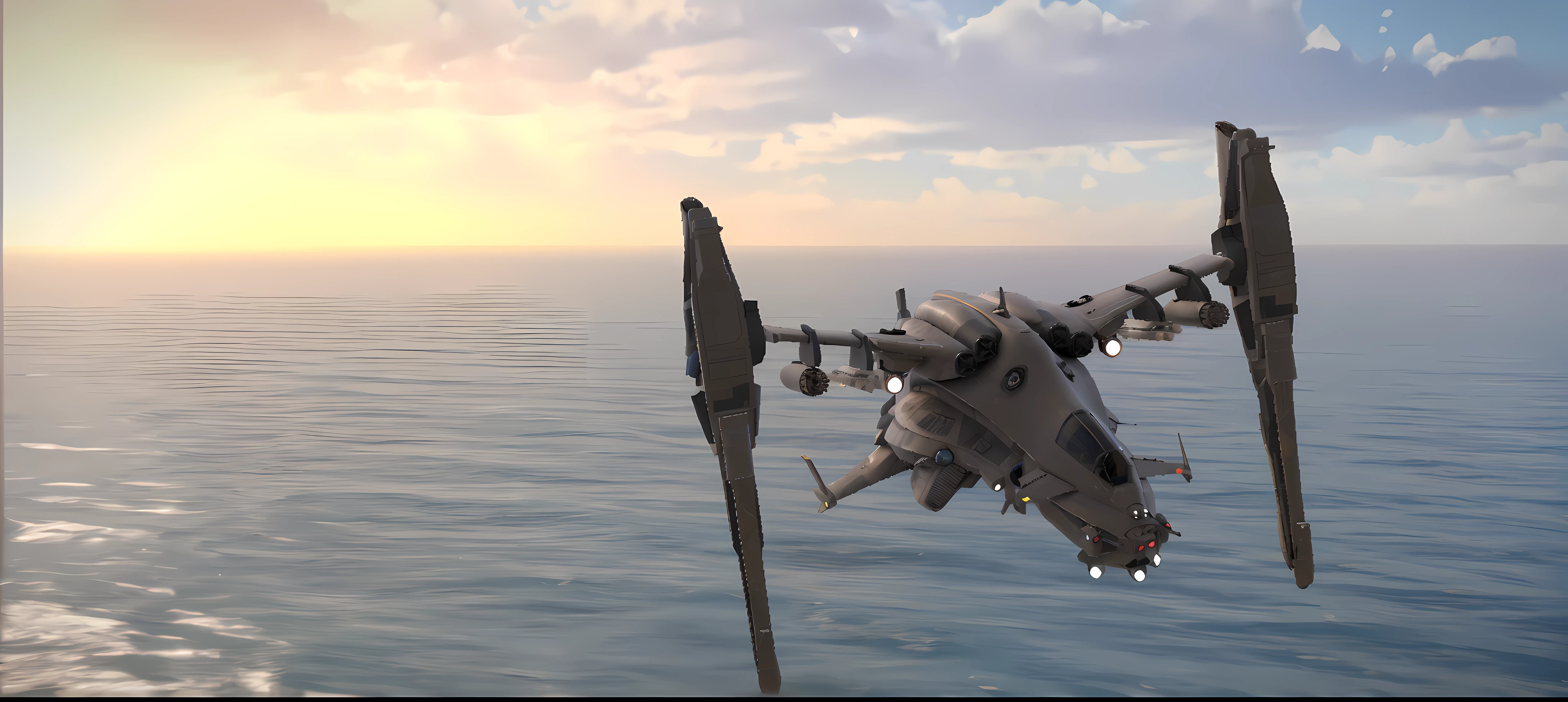 there is a star wars tie fighter flying over the ocean, arma 3 screenshot, star citizen halo, cgi render, dcs world style, cgi rendering, octane highly detailed cinematic, octane engine render 8k hdr, octane 8 k render, octane 8k render, octane 4k render, octane 4 k render, unreal 5 engine highlly render, 8 k octane detailed render