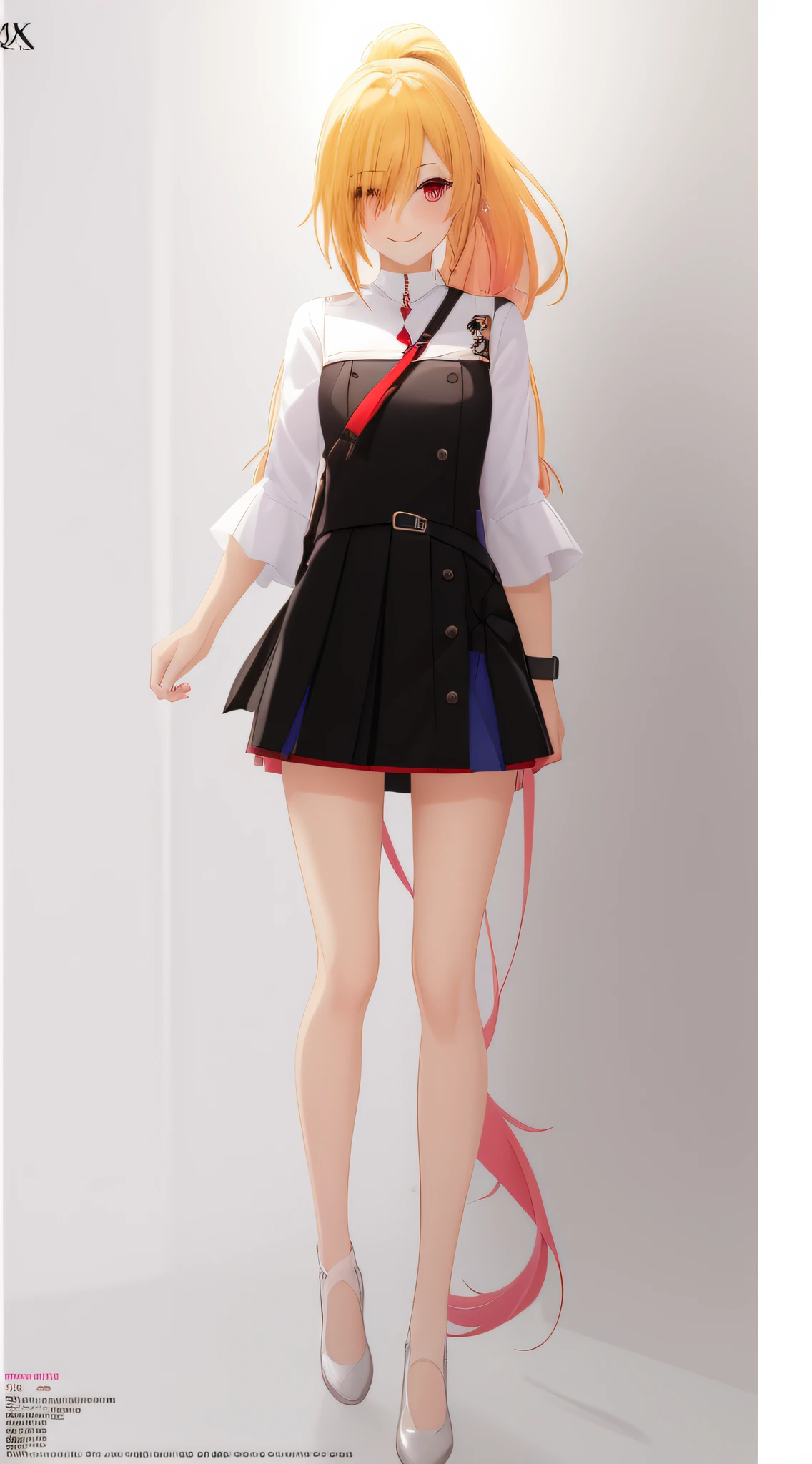 masterpiece, best quality, full body, 1girl, bangs, black choker, black necktie, blonde hair, blue skirt, blush, bracelet, breasts, choker, clothes around waist, collarbone, collared shirt, cowboy shot, dress shirt, ear piercing, eyebrows visible through hair, gradient hair, grin, gyaru, jewelry, kogal, long hair, looking at viewer, loose necktie, necktie, piercing, plaid, plaid skirt, pleated skirt, red eyes, ring, school uniform, shirt, skirt, smile, solo, white shirt, street, sky, cherry blossoms, petals,illustration, (magazine:1.3), (cover-style:1.3), fashionable, woman, vibrant, outfit, posing, front, colorful, dynamic, background, elements, confident, expression, holding, statement, accessory, majestic, coiled, around, touch, scene, text, cover, bold, attention-grabbing, title, stylish, font, catchy, headline, larger, striking, modern, trendy, focus, fashion,