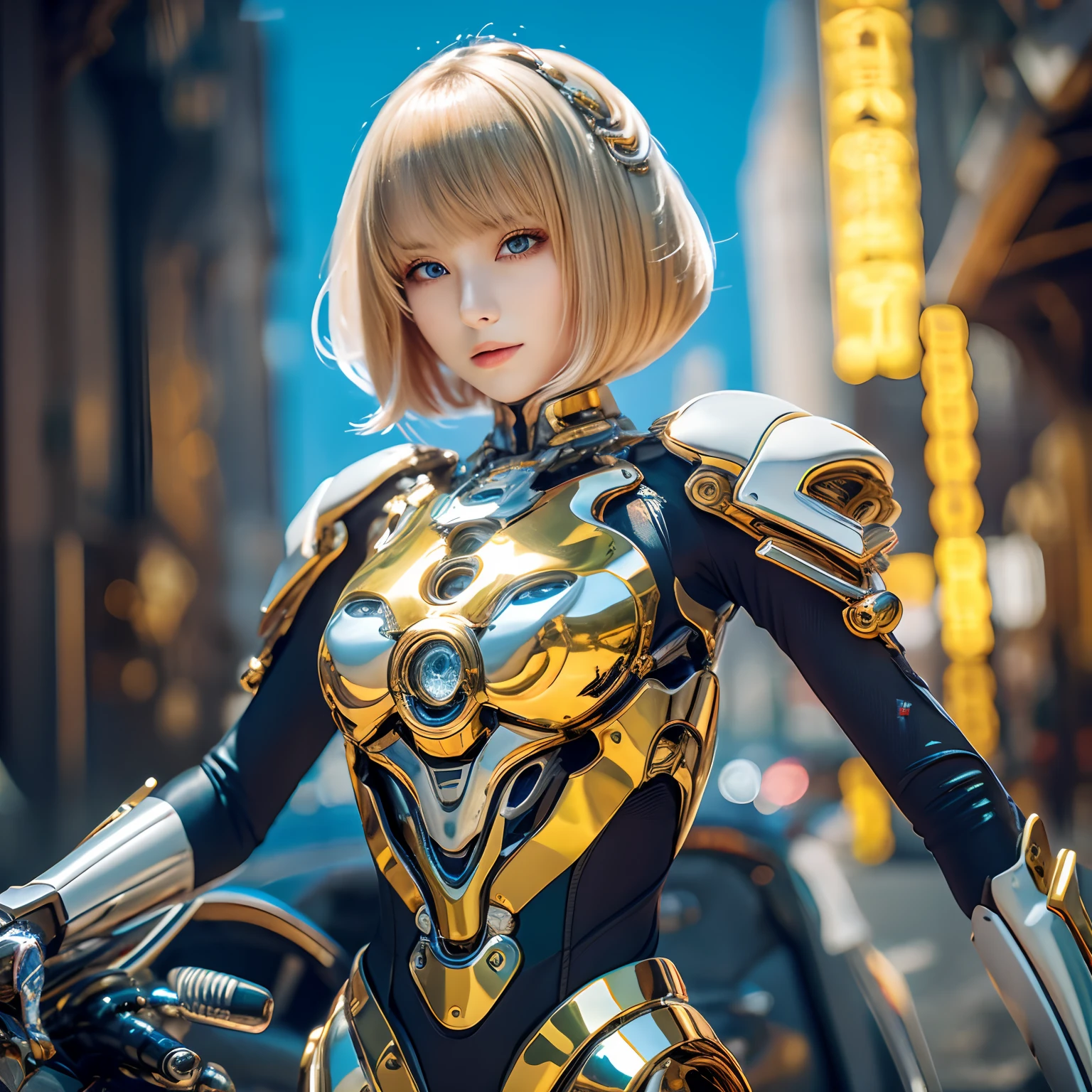 8k, top-quality, (pubic hair beauty)、hight resolution, 逼真, realperson、((masterpiece)), ((top-quality)), (The ultra-detailliert), ((highly contrast)), (a high chroma), (Beautiful detail eyes), ((extremely delicate and beautiful)), (nice hand), ((perfect hand)), (Mechanical cyber city in the background), futuristic cities, 夏天, plein air, Girl on a motorcycle, Medium hair, blonde hair, asymmetrical bangs, beautiful detailed Glass hair, blue eyess, tiny chest, mechanical suit, ((shiny body)), (very shiny body), Clear, jewely、ornament detached、a gorgeous、opulent、magnifica、Illumination scattered throughout the body、Illumination brilliance、Roberto、cyborgs、android、body suit