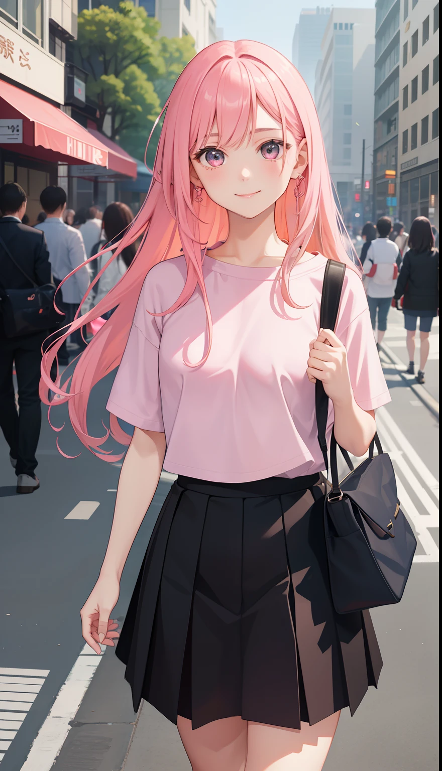1girl in、AS-Adult、A smile、The shirt、skirt by the, pink hair,(small tits)、Walking with a thigh、Upper body portrait、