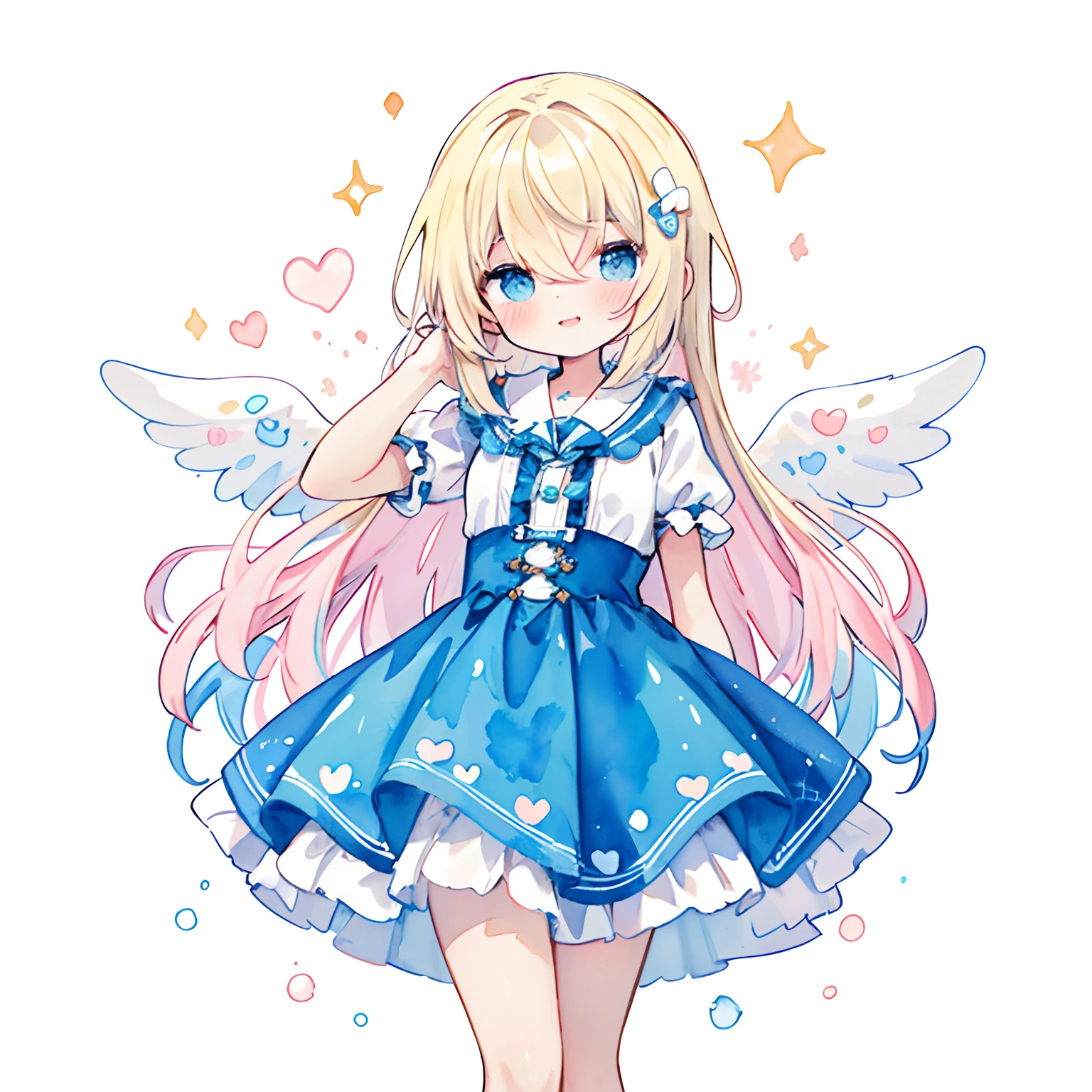 (PastelColors:1.5)、(Cute illustration:1.5)、(watercolor paiting:1.2)、(1 girl:1.0)、hair between eye、(Color: 1.5), (illustration cute: 1.5), (watercolor: 1.2), (1 girl: 1.0), (1 girl: 1.2), hair between eyes, white background, girl, whole body Espian, angel girl, light ring on head, puffy skirt design, angel design, style, double-layered blue dress skirt, twinkling heart, hair swaying blond hair, haze, smile
