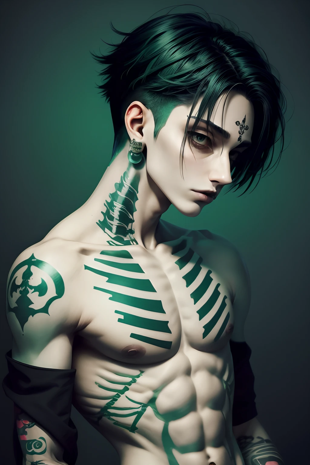 skeleton kpop boy, tattoo only on face, attractive, fadecut green hair, graveyard background