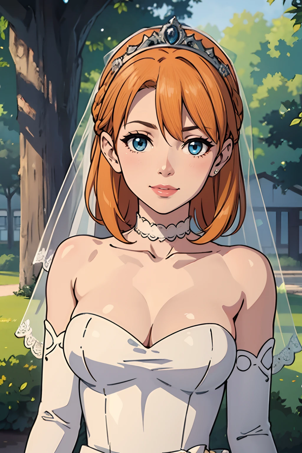 annette_war, hair between eyes, ahoge, orange hair, star \(symbol\), hair ornament, dress, cleavage, bare shoulders, collarbone, long white elbow gloves, white gloves, white dress, white choker, strapless, tiara, veil, strapless dress, wedding dress, bridal veil, beautiful woman, perfect body, perfect breasts, wearing a wedding dress, ball gown, in the park trees, wedding decorations, a warm smile, realism, masterpiece, textured skin, super detail, high detail, high quality, best quality, 1080p, 16k