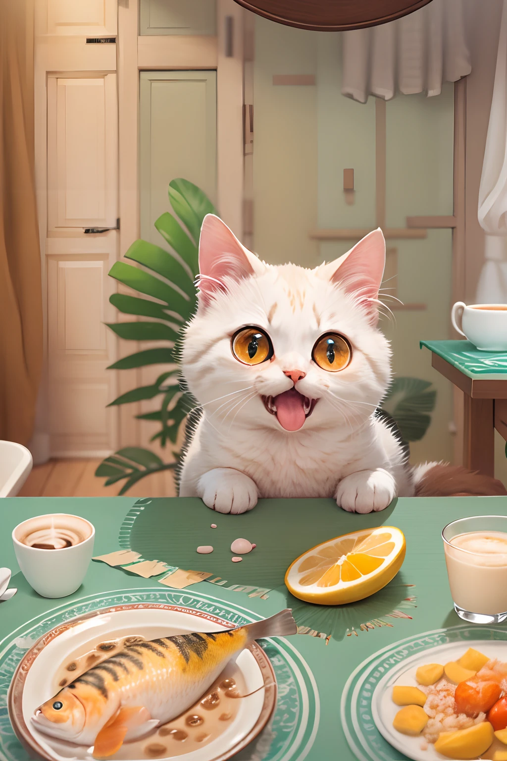 A cute cat with round eyes is happy, sitting in front of a dinning table, Fruit on the table, Fry the fish, lewd juice, latte.