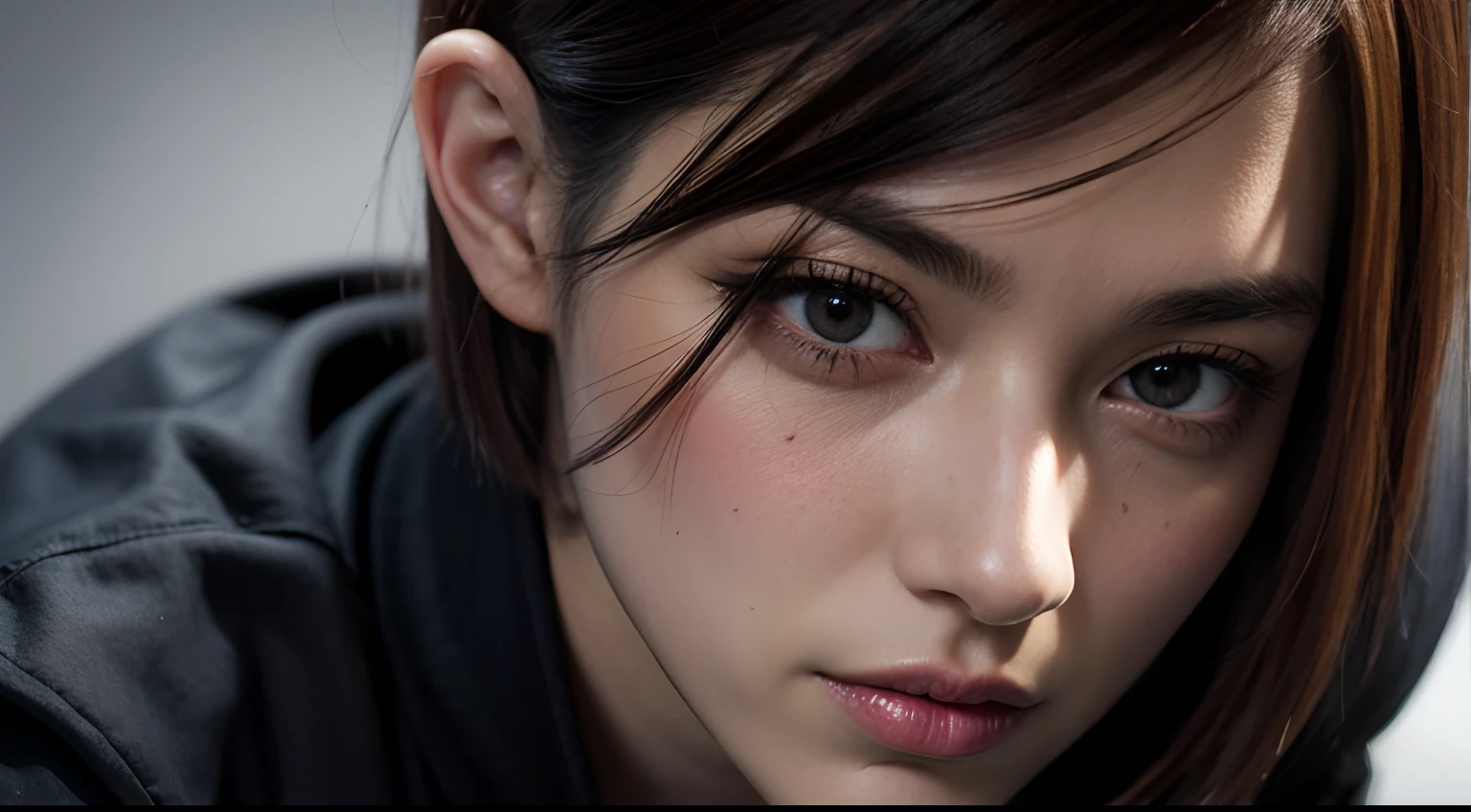 kugisaki nobara, beautiful, short hair, upper body, black clothes, Kugisaki nobara from jujutsu kaisen, short hair,1 girl, perfect body, realistic, extremely detailed face, brown hairs