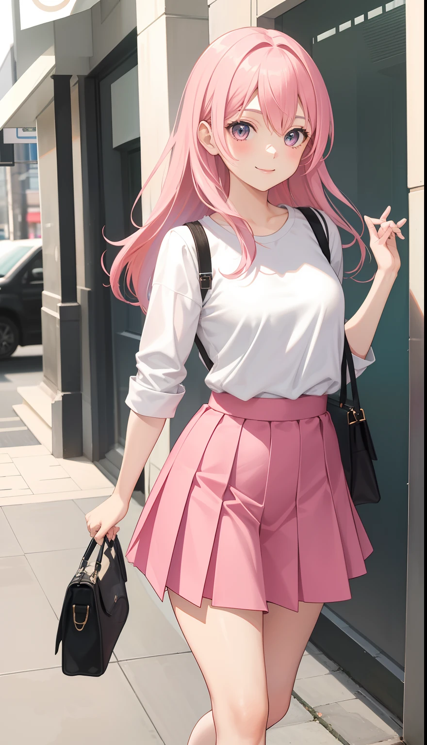 1girl in、AS-Adult、A smile、The shirt、skirt by the, pink hair,(small tits)、Walking with a thigh、Upper body portrait、