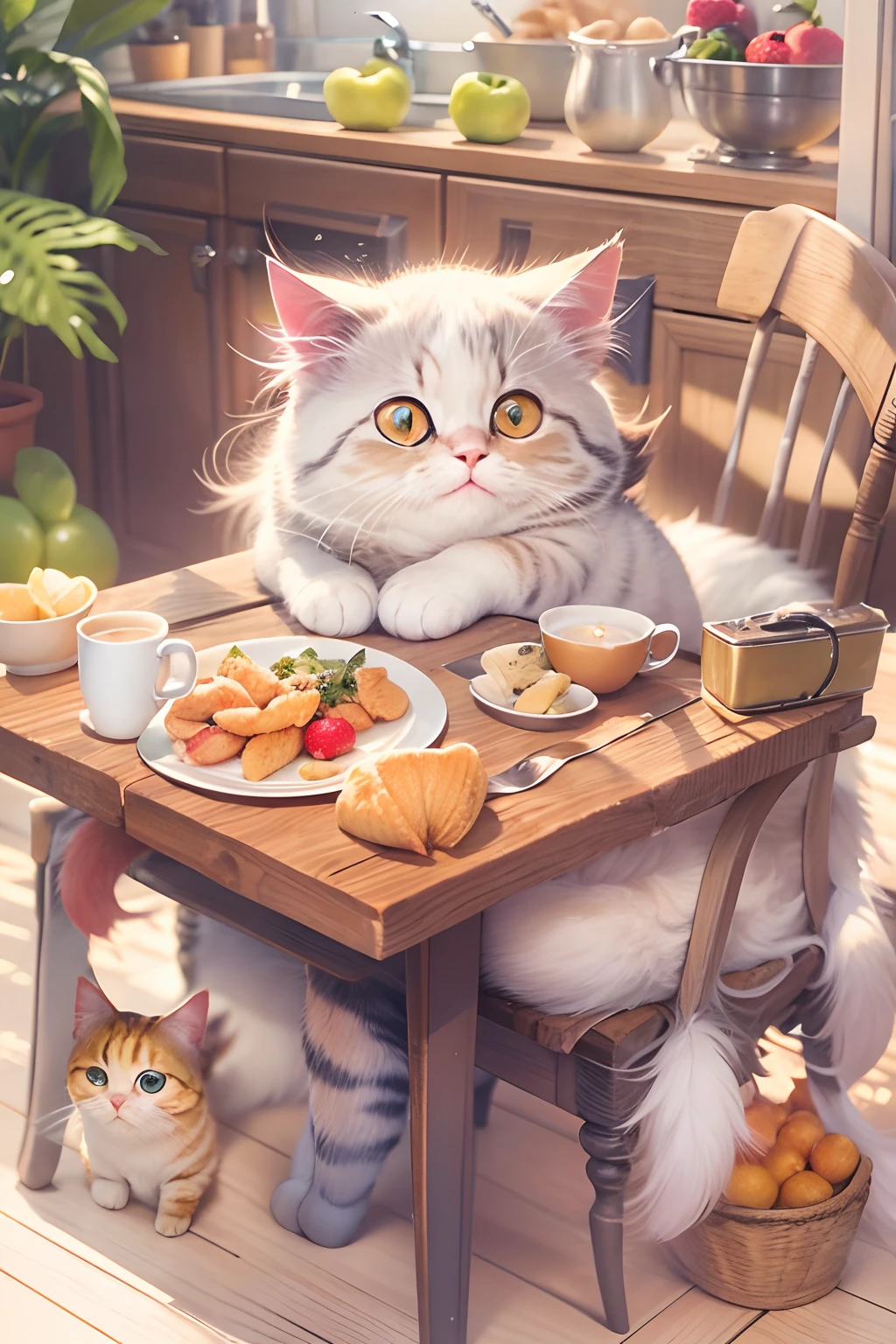 A cute cat with round eyes is happy, sitting in front of a dinning table, Fruit on the table, Fry the fish, lewd juice, latte.
