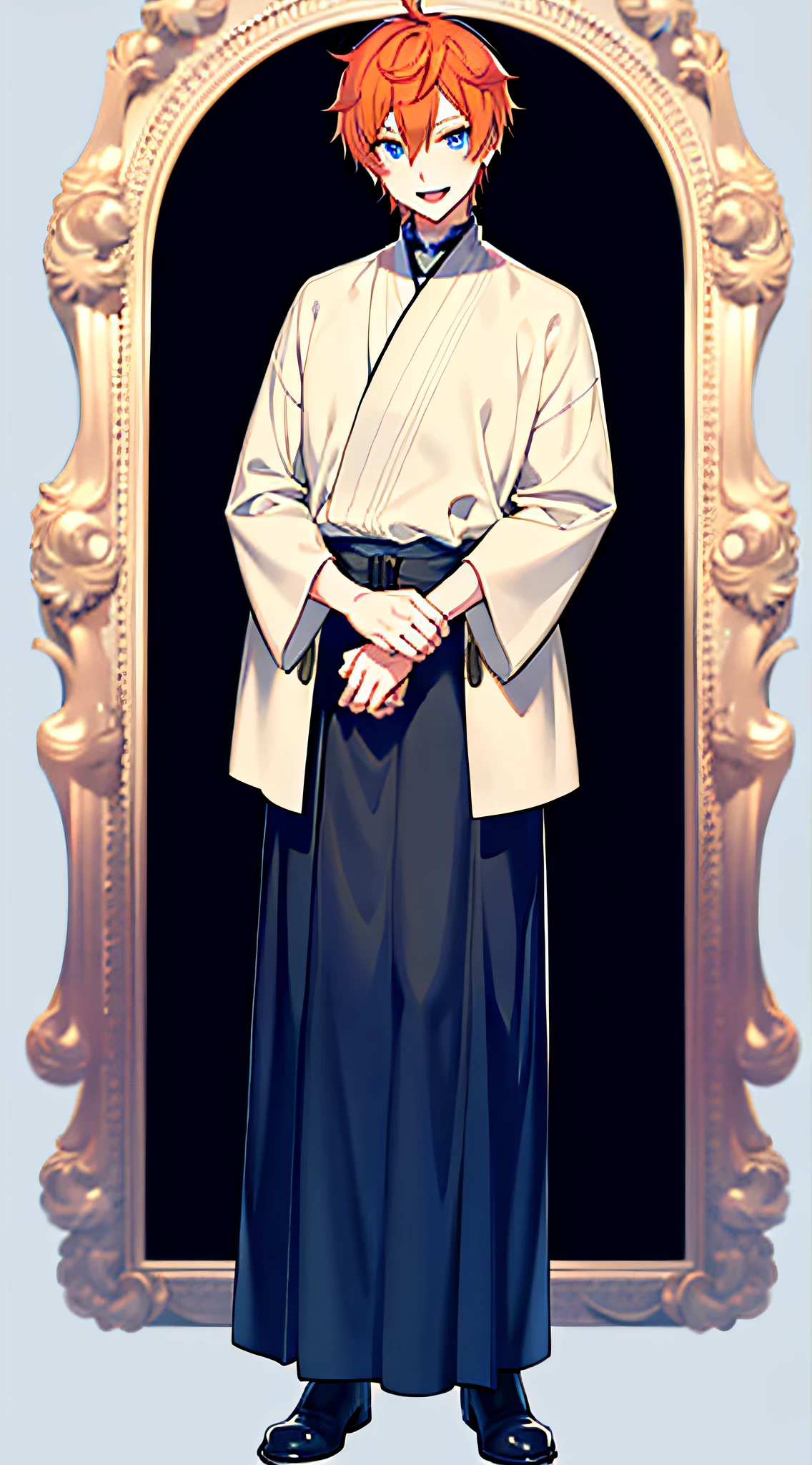 Full body, Upright, Arms at sides, Looking at Viewer,masutepiece, Best Quality, 1 male, Adult, finely detailed eyes, Intricate details, Short ginger hair, Blue eyes, Simple background, Open mouth, Smile, Virtual Youtuber