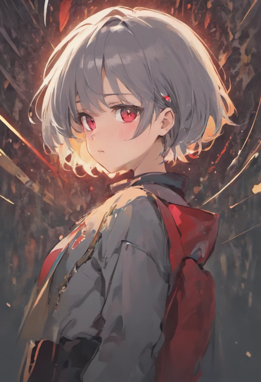 Boyish girl with short cut gray hair。White skin with red eyes。A little gut sticks out of itself artistically.。