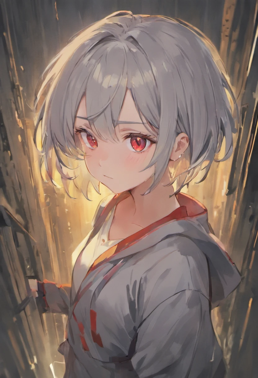 Boyish girl with short cut gray hair。White skin with red eyes。A little gut sticks out of itself artistically.。