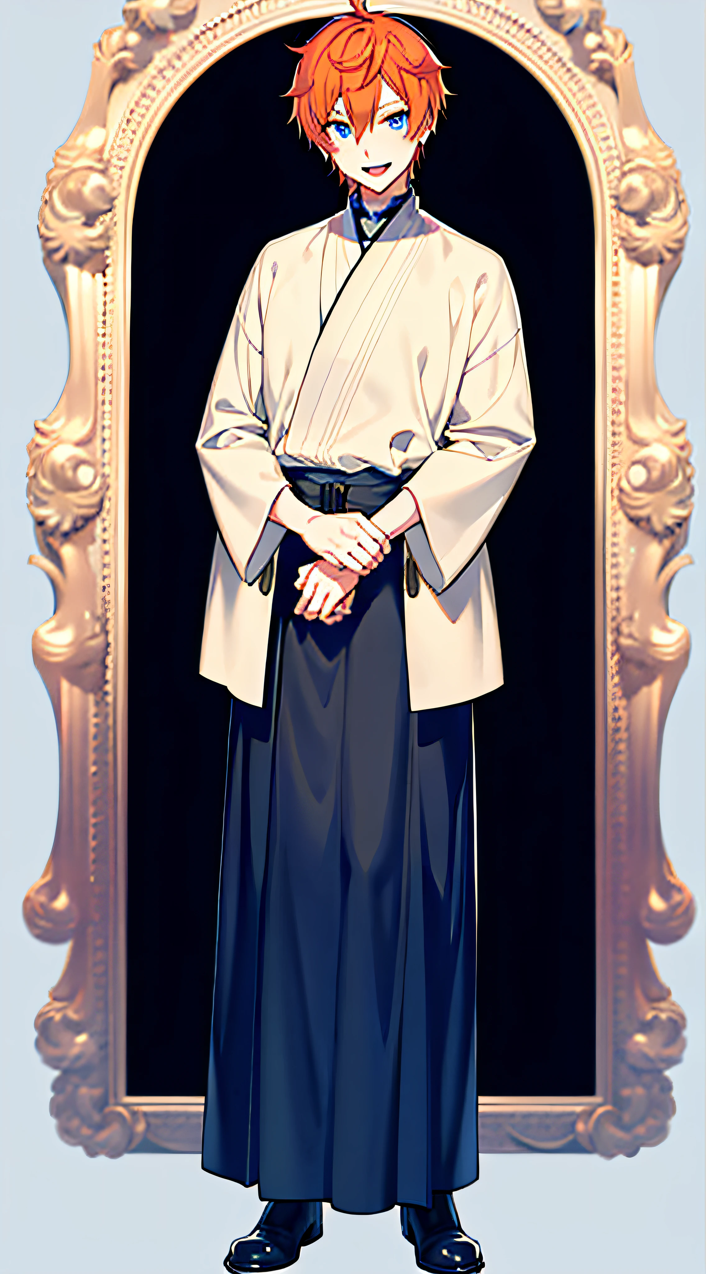 Full body, Upright, Arms at sides, Looking at Viewer,masutepiece, Best Quality, 1 male, Adult, finely detailed eyes, Intricate details, Short ginger hair, Blue eyes, Simple background, Open mouth, Smile, Virtual Youtuber
