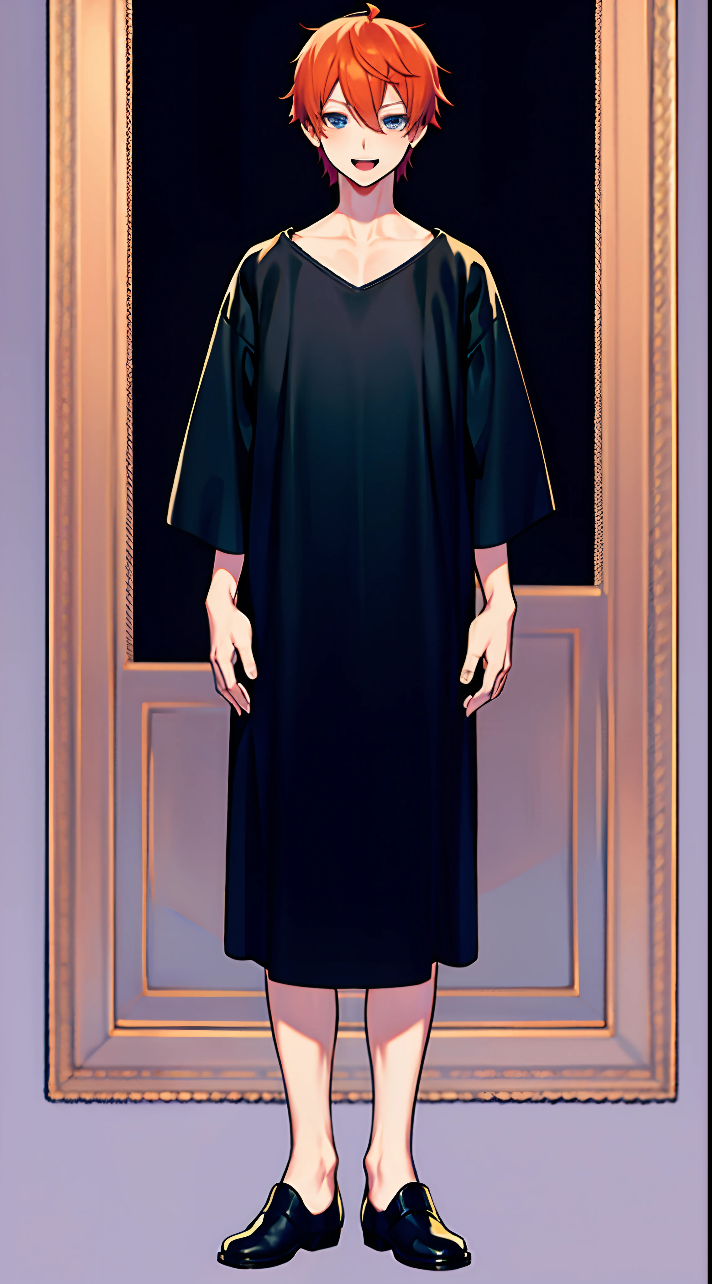 Full body, Upright, Arms at sides, Looking at Viewer,masutepiece, Best Quality, 1 male, Adult, finely detailed eyes, Intricate details, Short ginger hair, Blue eyes, Simple background, Open mouth, Smile, Virtual Youtuber