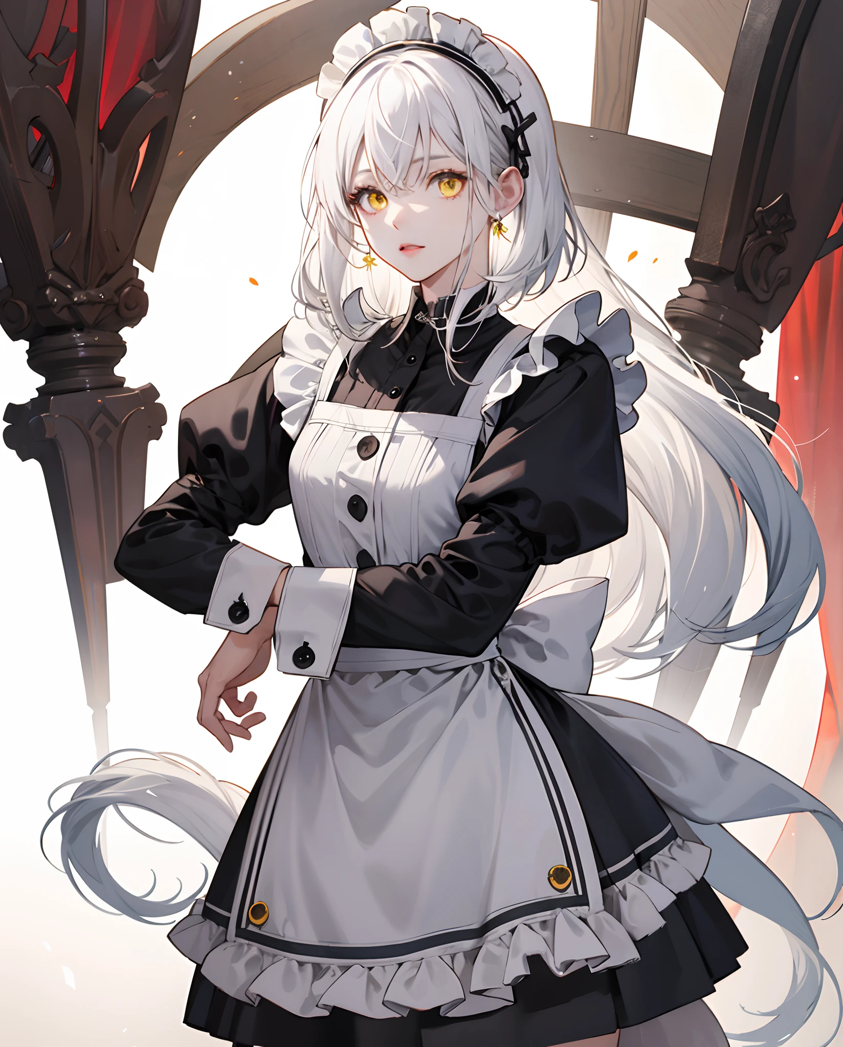 A wolf-cut girl with white hair and yellow eyes.、Wearing maid clothes